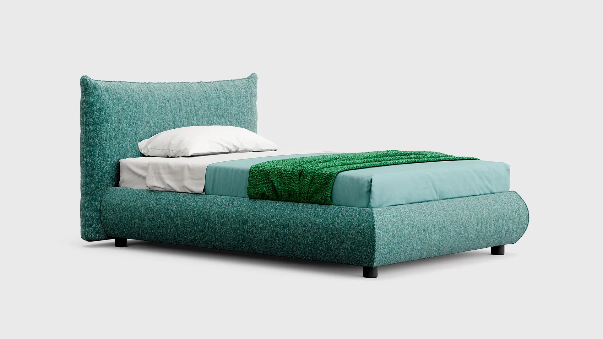 Letto imbottito Roller Nidi verde acqua scontornato su fondo chiaro
