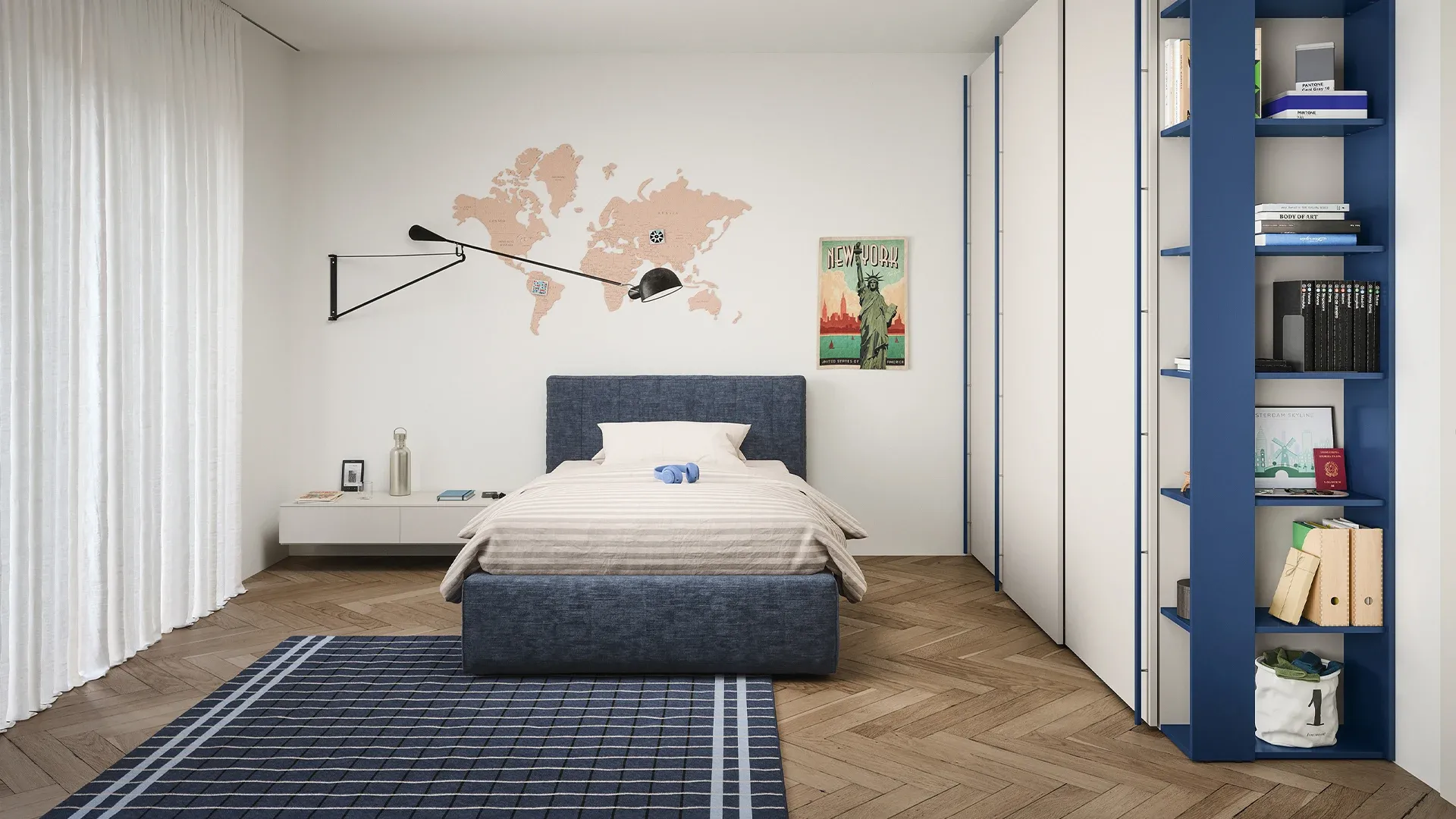 Letto imbottito Swell Nidi blu in una camera con armadio scorrevole e libreria