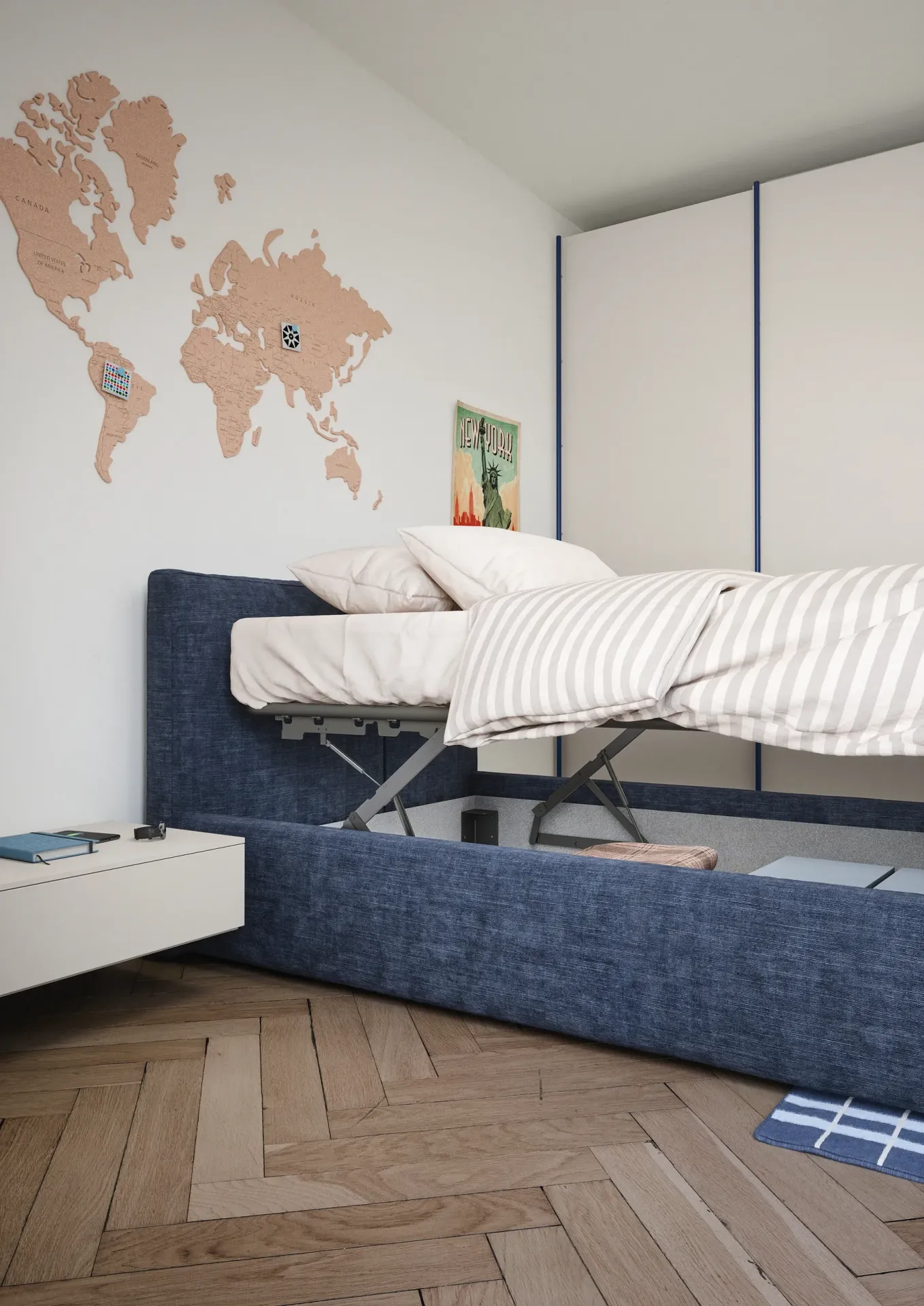 Letto Swell Nidi blu con rete alzata sul vano contenitore