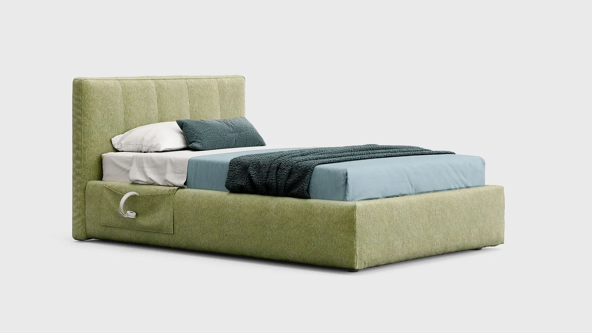Letto imbottito Swell Nidi verde con contenitore scontornato