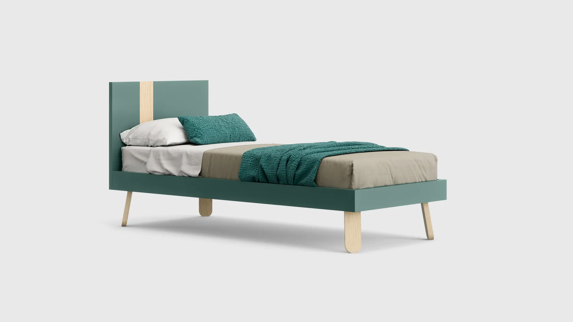 Letto singolo Lila Nidi verde petrolio su gambe in legno