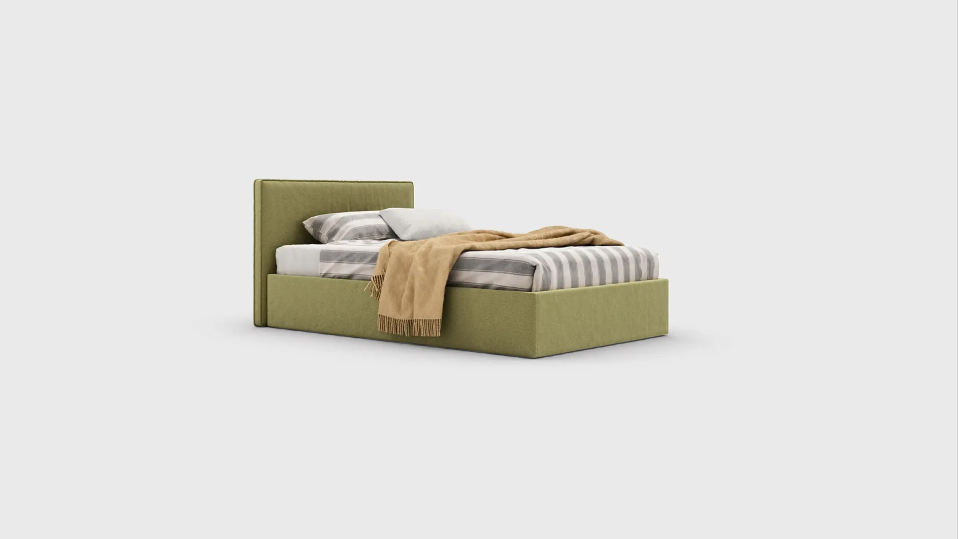 Letto imbottito Arial Nidi verde oliva con plaid scontornato