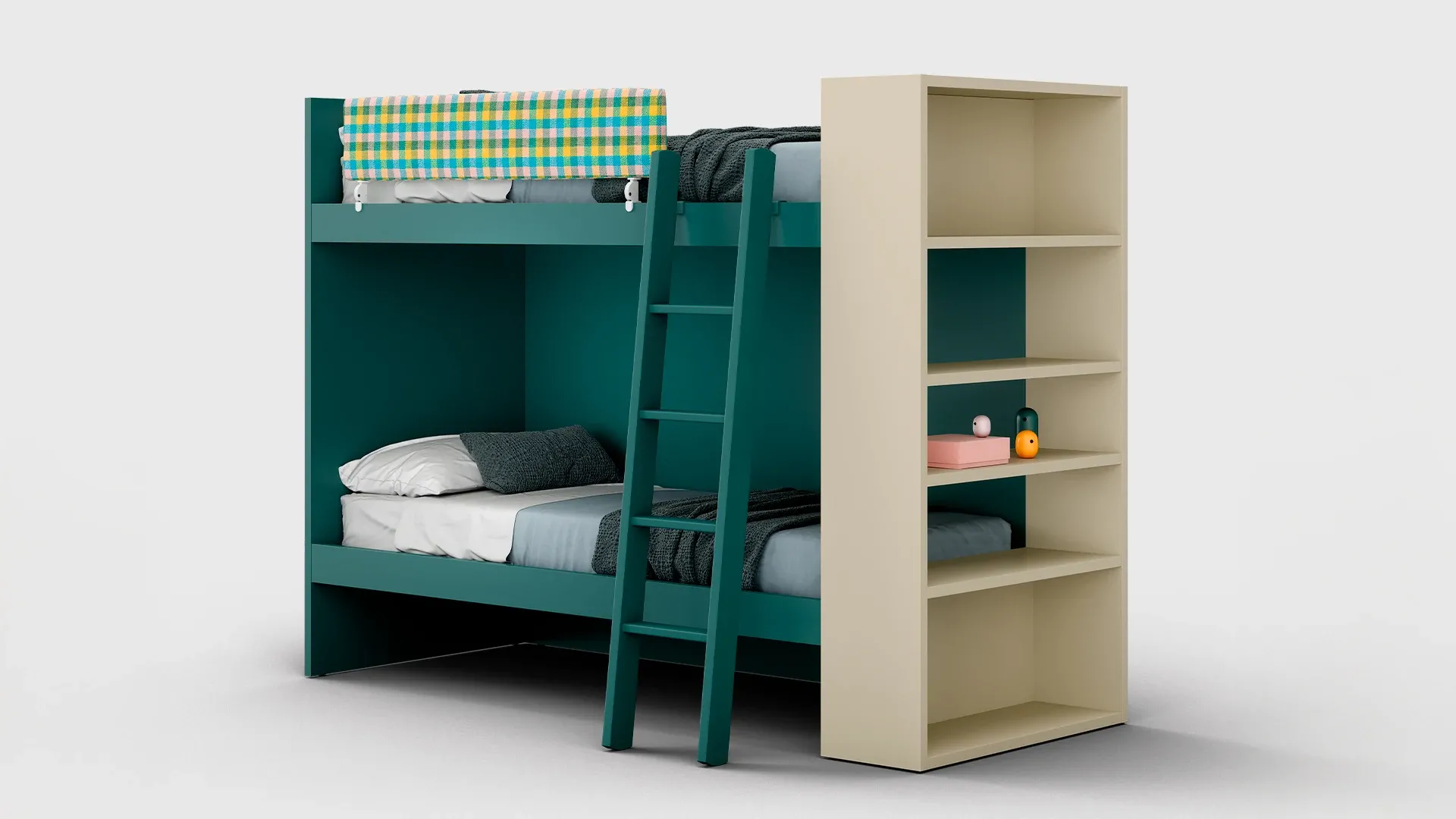 Letto a castello Nuk Nidi verde petrolio con scaletta e libreria laterale
