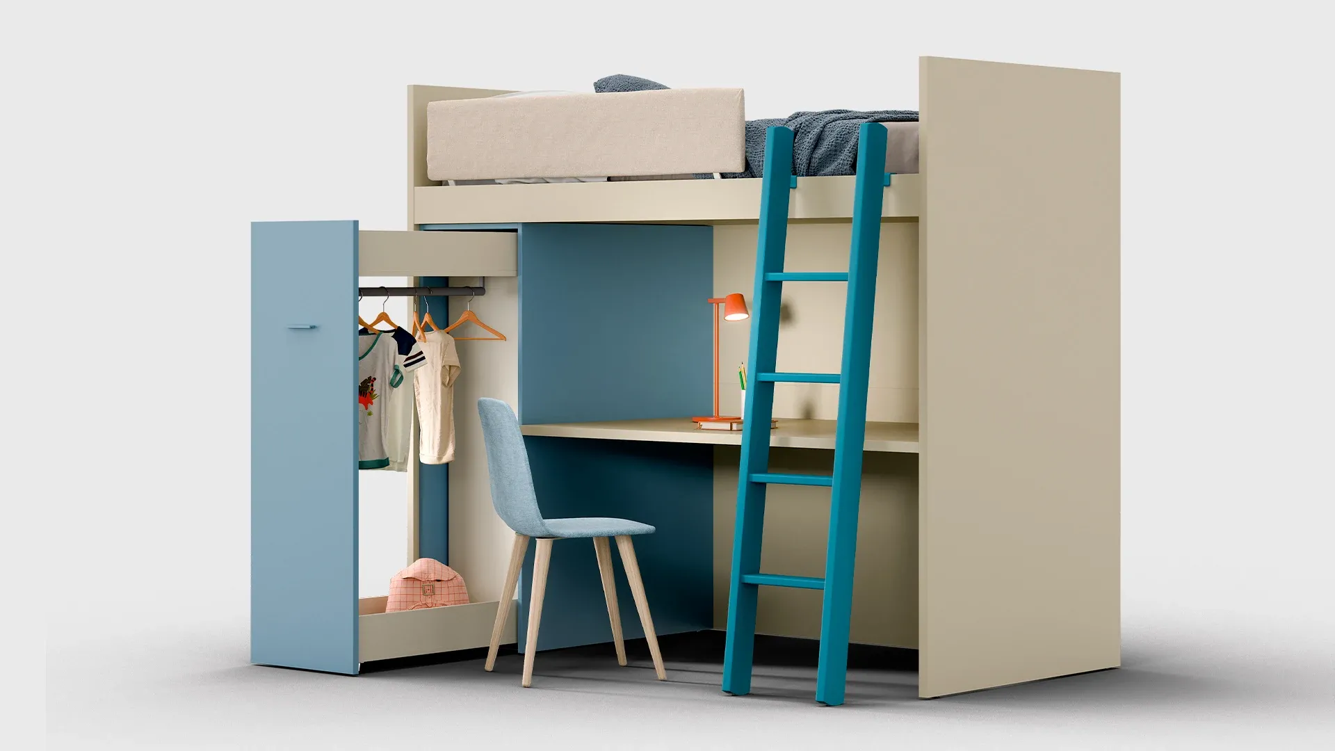 Letto alto Nuk Nidi con scrivania e guardaroba nello spazio sottostante