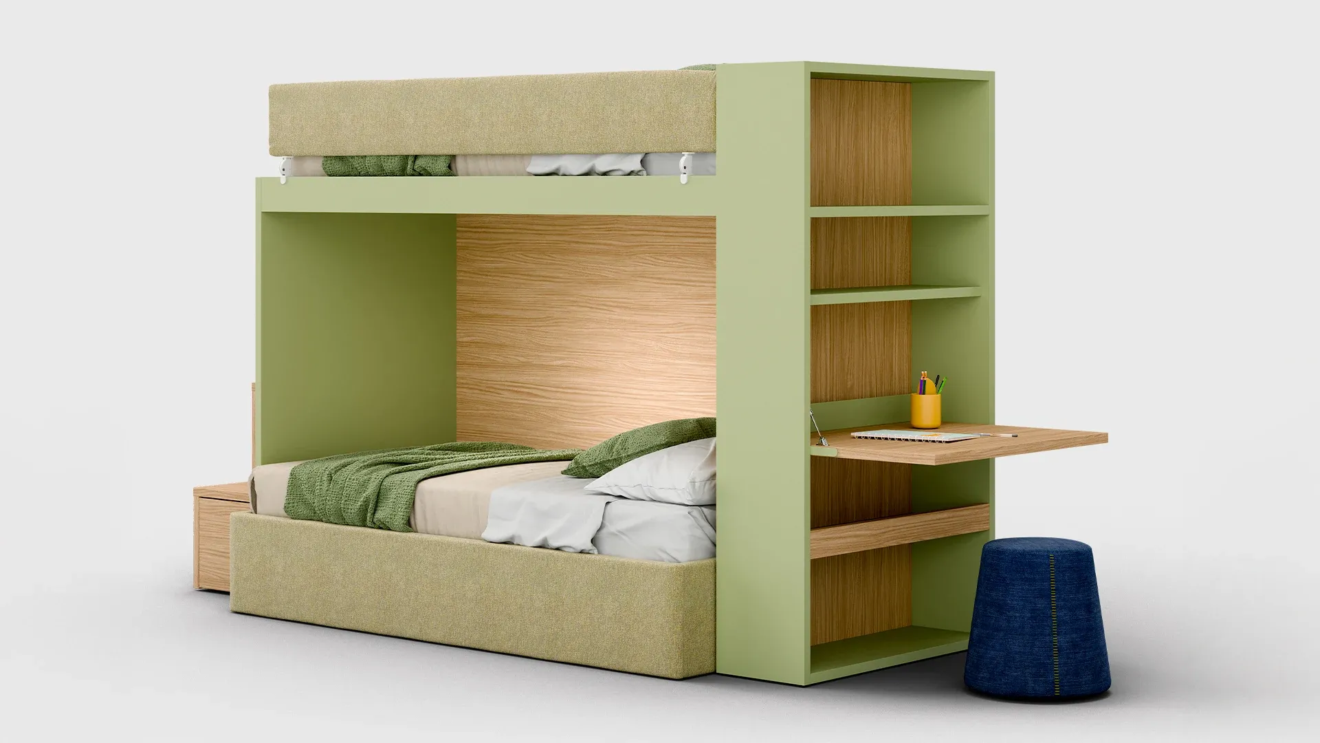 Letto a castello Nuk Nidi verde con fianco libreria Holly e piano a ribalta