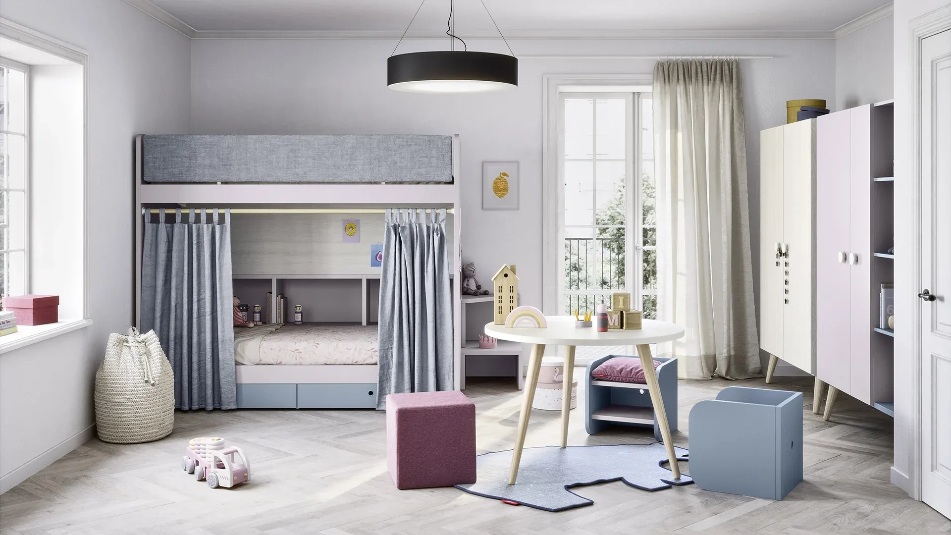 Letto a castello Ergo Nidi grigio con tende in una cameretta luminosa
