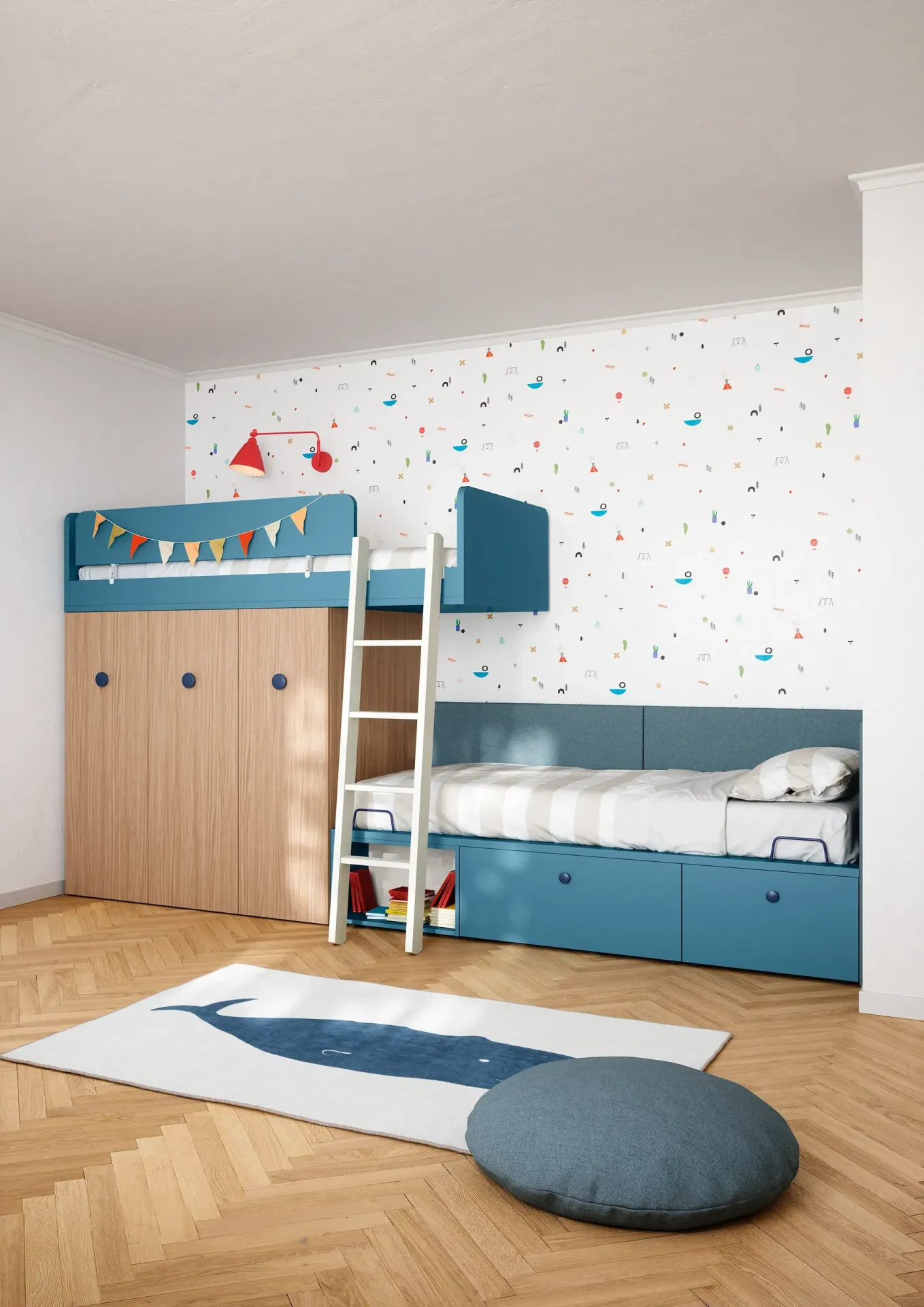 Letto a castello Ergo Nidi con scaletta e cassetti blu su parete a coriandoli