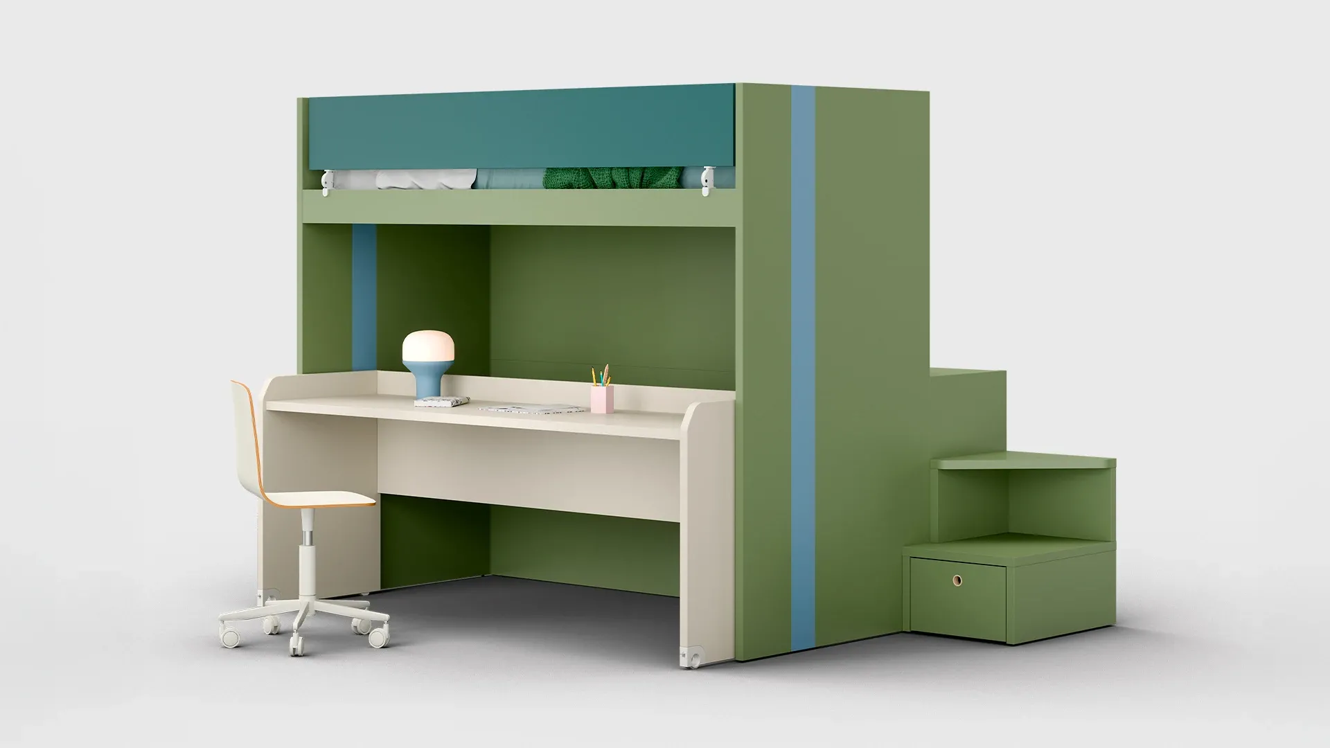 Letto alto Lila Nidi verde con scrivania bianca e gradini contenitori