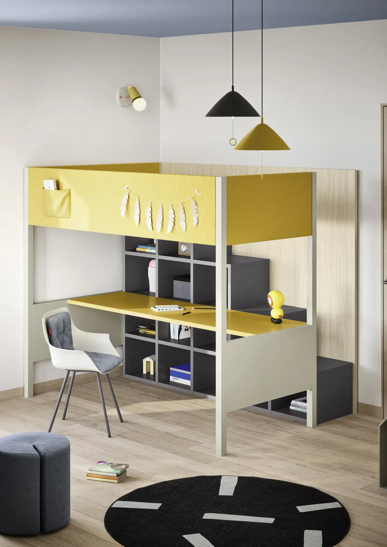 Letto alto Camelot Nidi giallo con scrivania e libreria sottostante