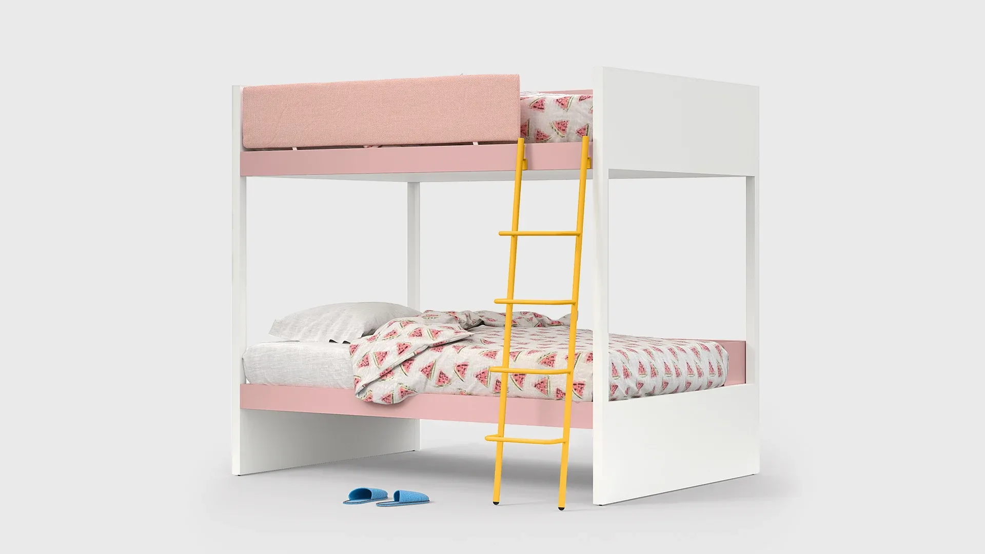 Letto a castello Camelot Nidi rosa con scaletta gialla e fianchi aperti scontornato