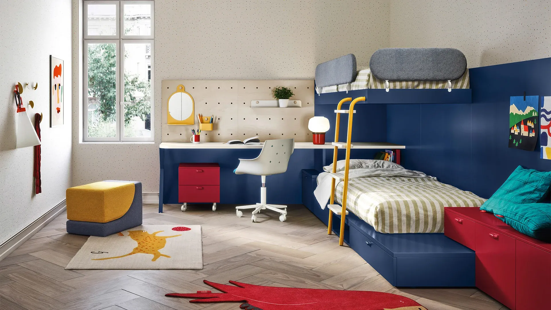 Letto a castello ad angolo Dots Nidi blu con scaletta e letto Regoli rosso