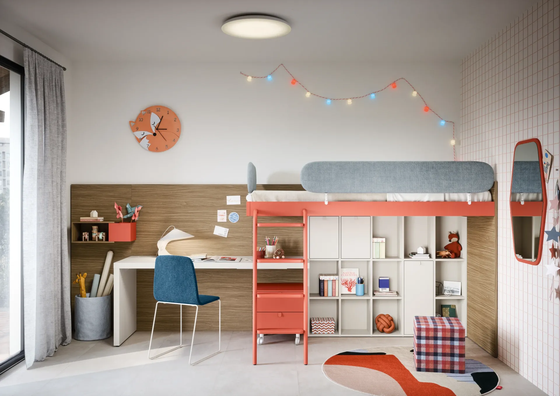Letto alto Dots Nidi corallo con libreria e scrivania sottostanti