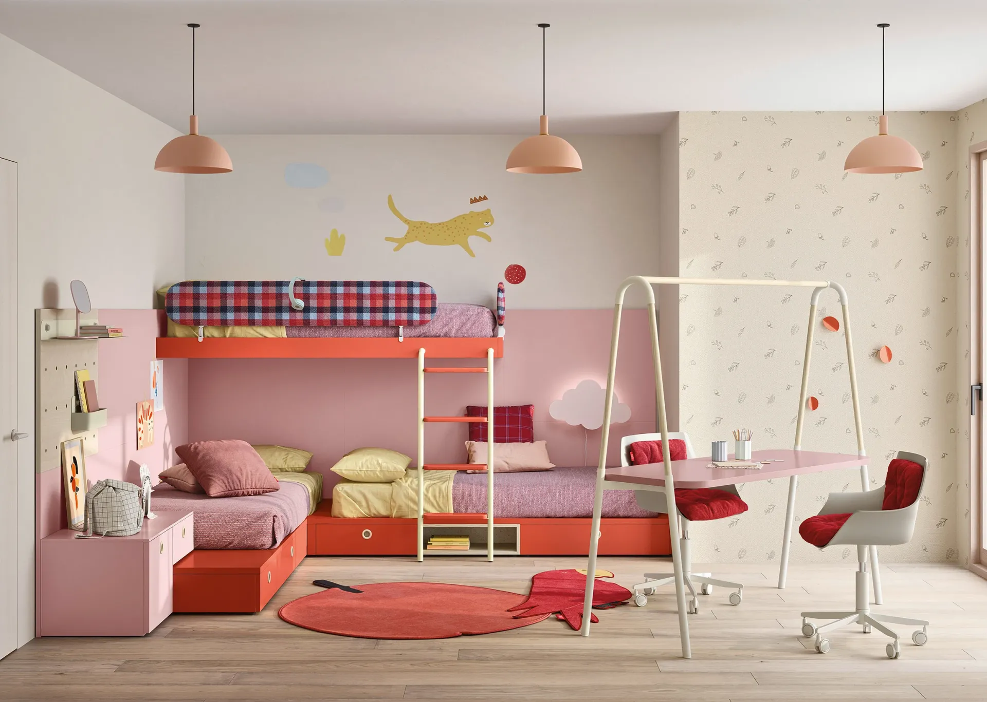 Letto Dots Nidi rosa con protezione imbottita a quadri in cameretta