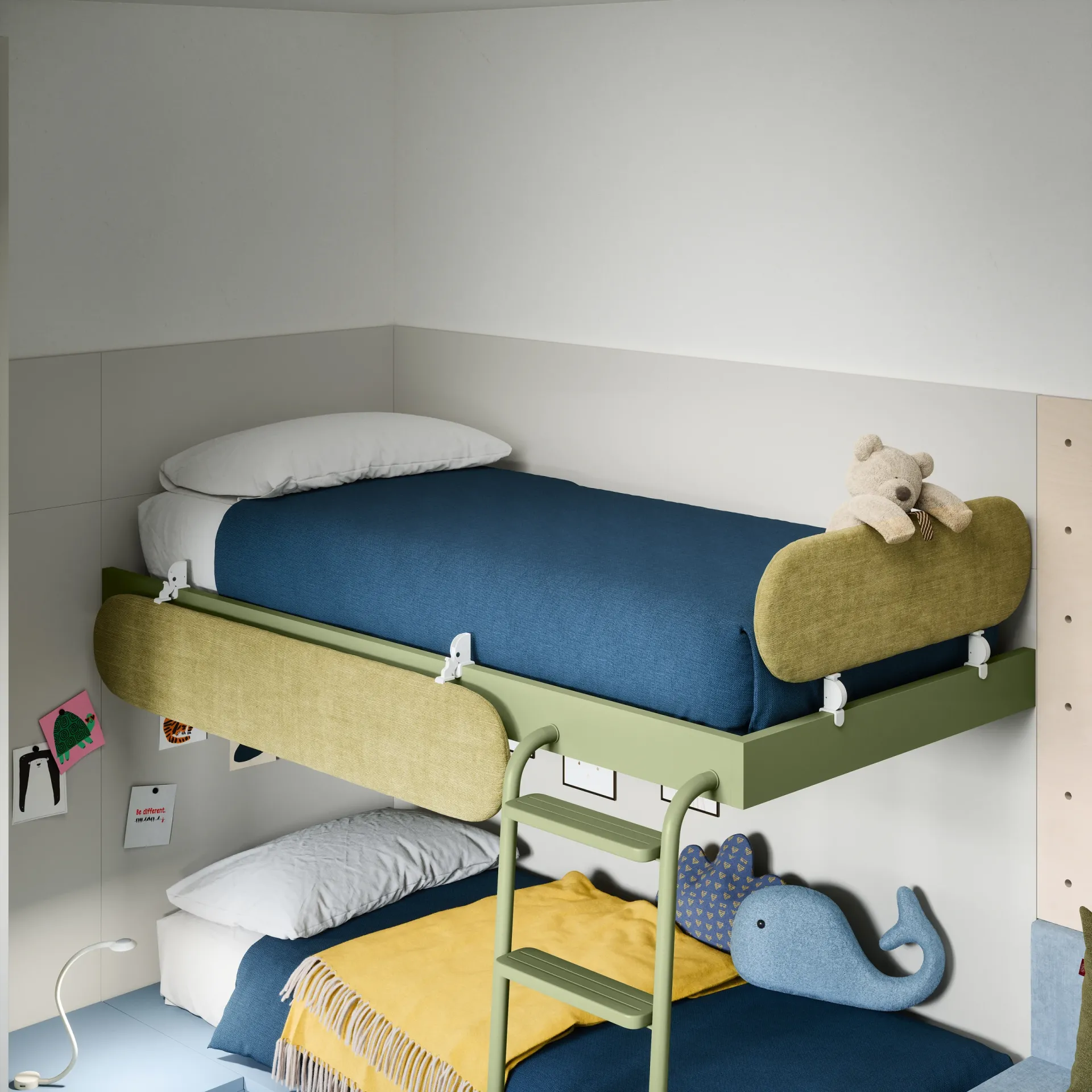 Letto a castello Dots Nidi con protezioni imbottite verdi dal profilo curvo