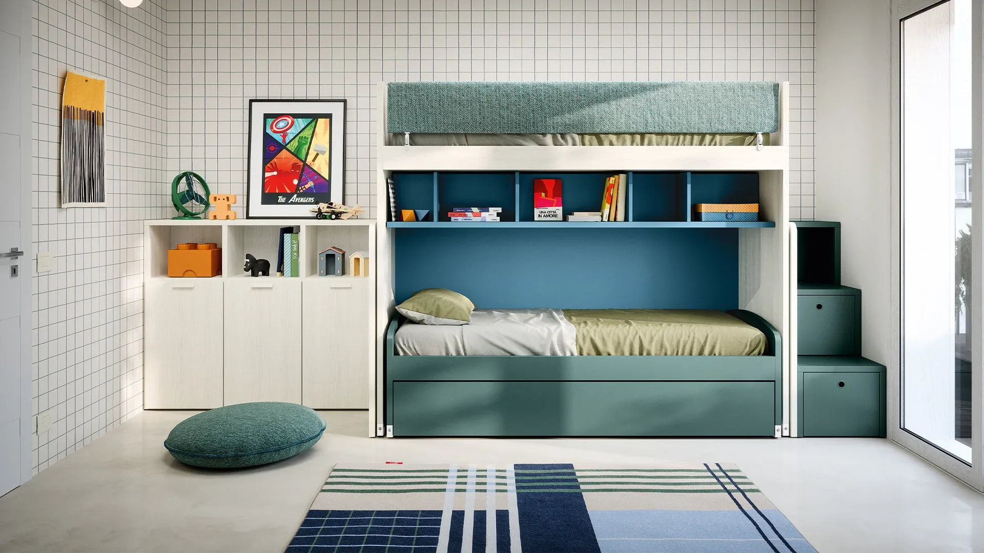 Letto a castello scorrevole Slot Nidi blu con libreria e scaletta laterale