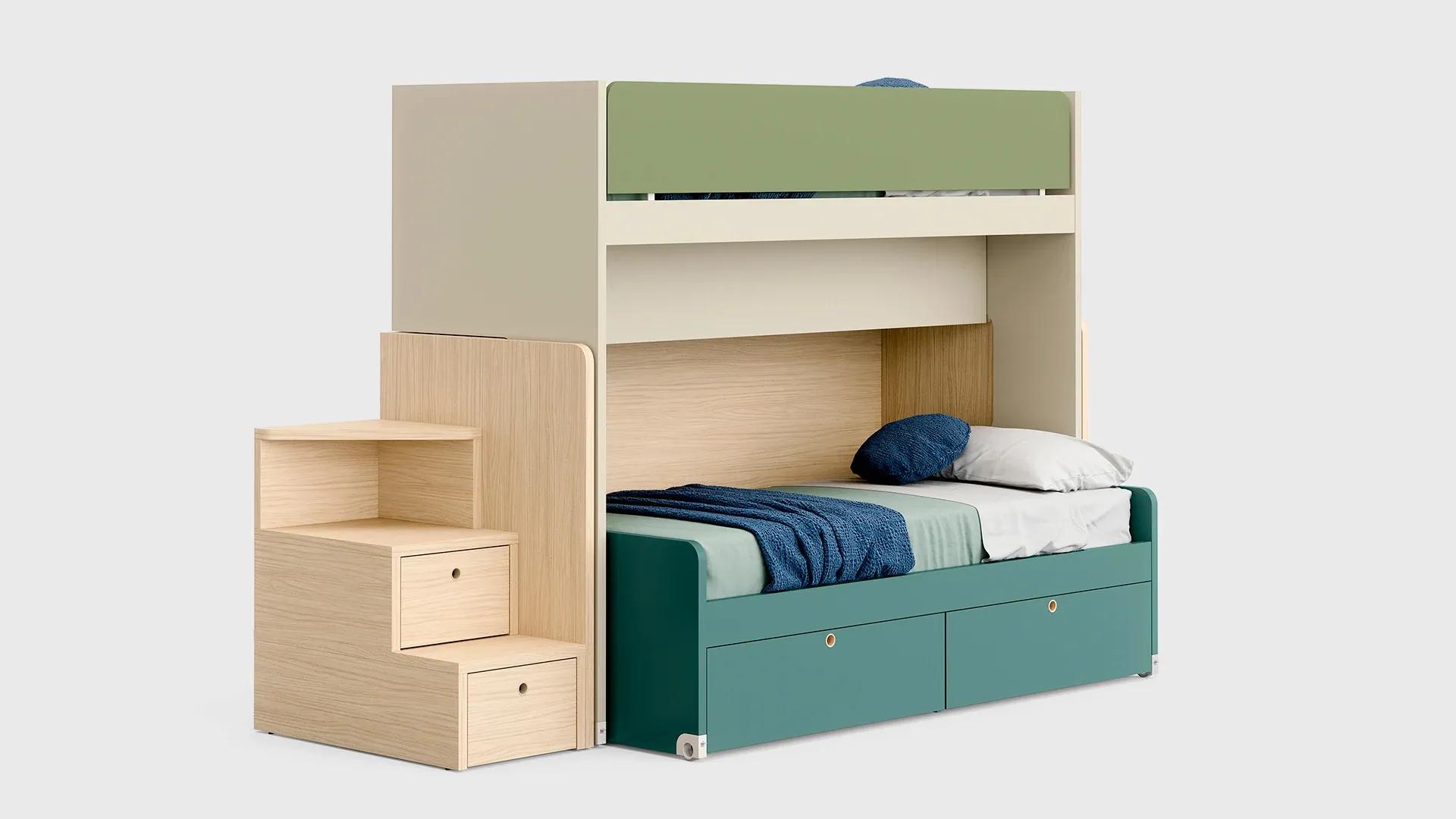 Letto a castello Slot Nidi verde con gradini in legno e cassetti scontornato