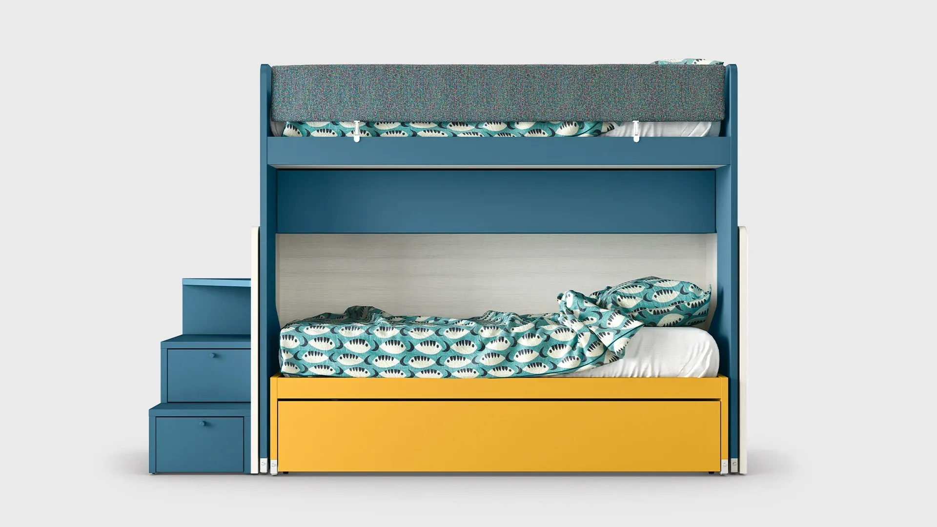 Letto a castello Slot Nidi azzurro con cassettone giallo scontornato