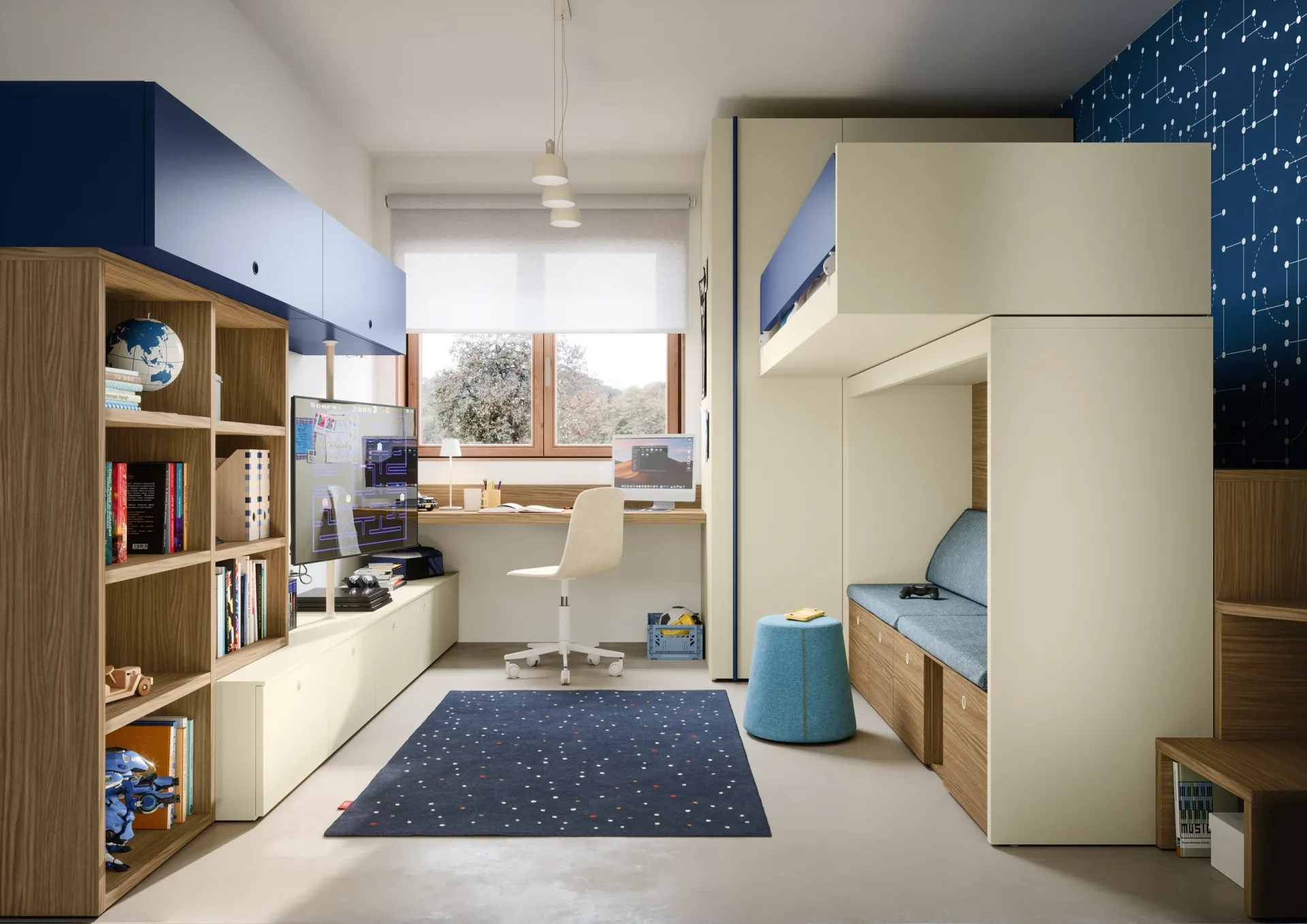 Letto a castello scorrevole Skid Nidi con libreria in legno e scrivania