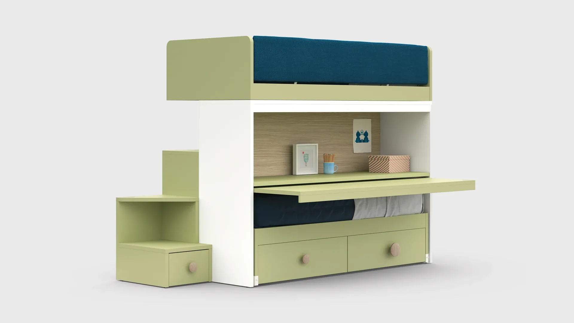 Letto Skid Nidi verde e blu con scaletta e scrittoio estratto scontornato