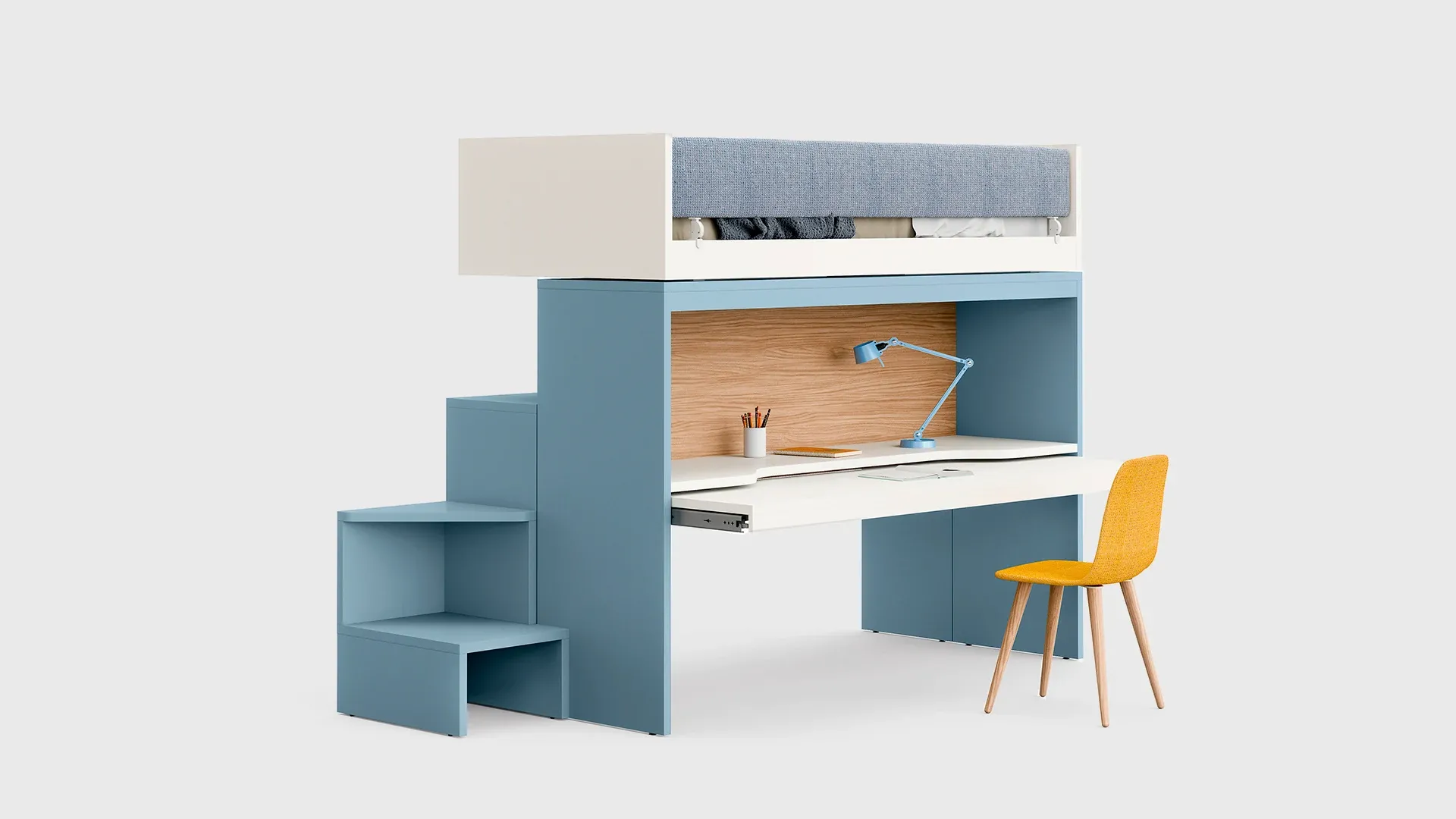 Letto alto Skid Nidi azzurro con scrivania e gradini contenitori scontornato