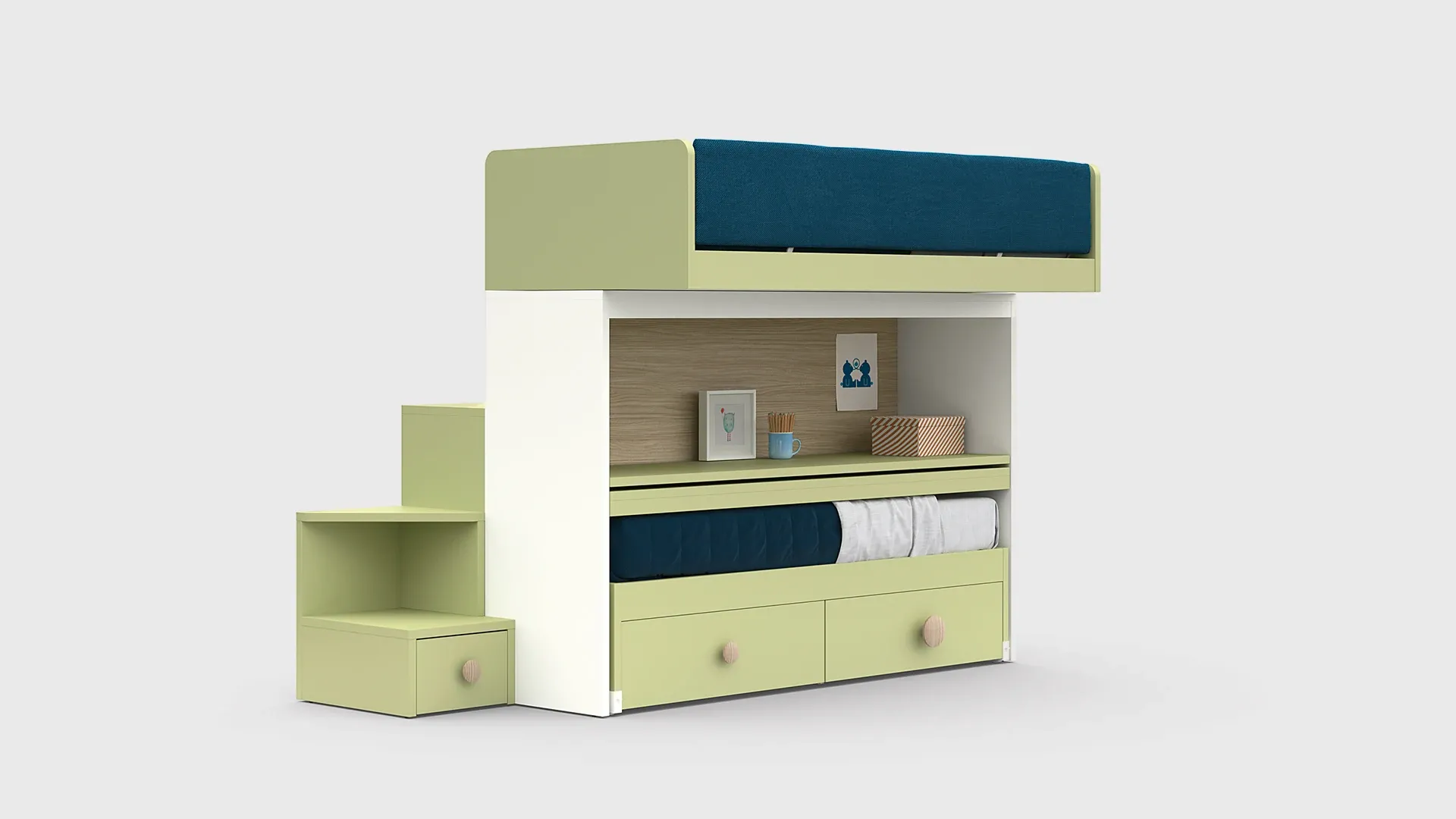 Letto a castello Skid Nidi verde con letto inferiore e cassetti scontornato