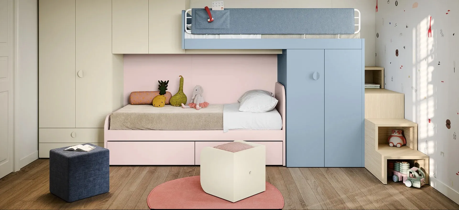 Letto a soppalco Nidi azzurro con armadio sotto e letto rosa con cassetti