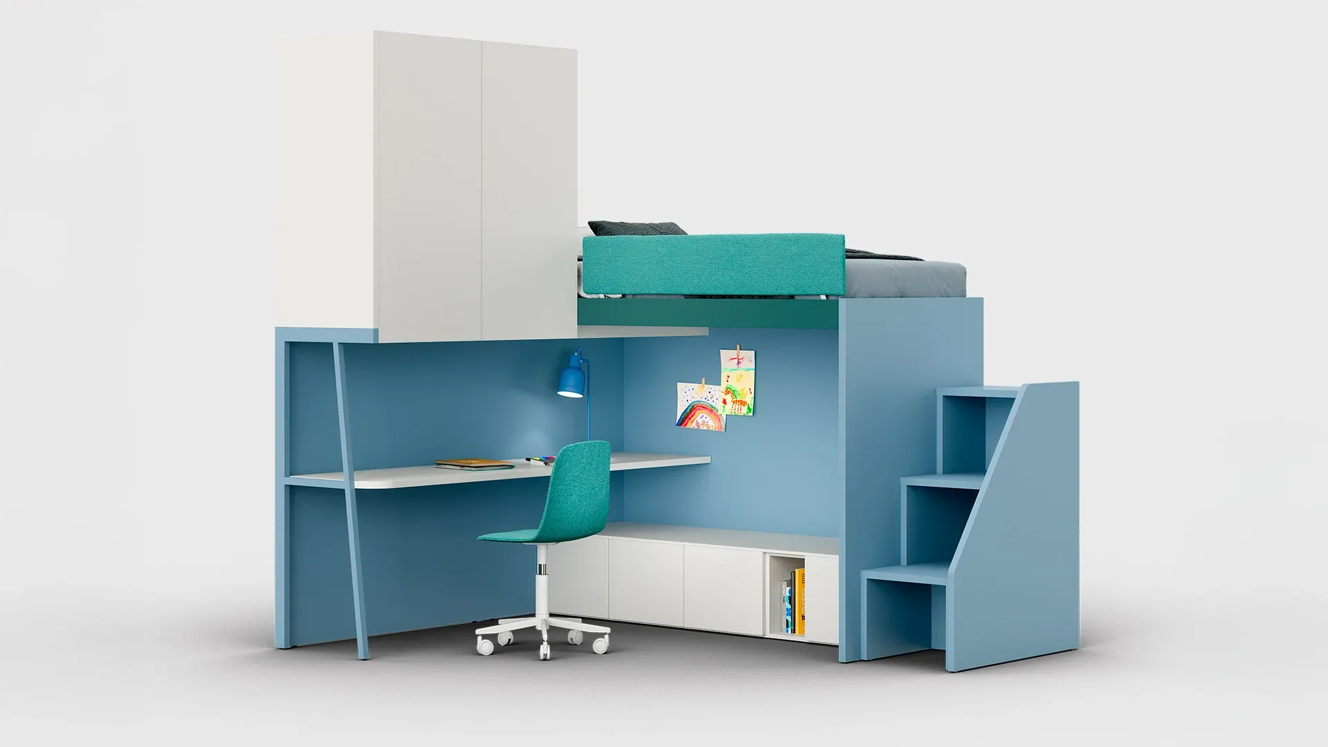 Letto a soppalco Nidi azzurro con scrivania e gradini scontornato
