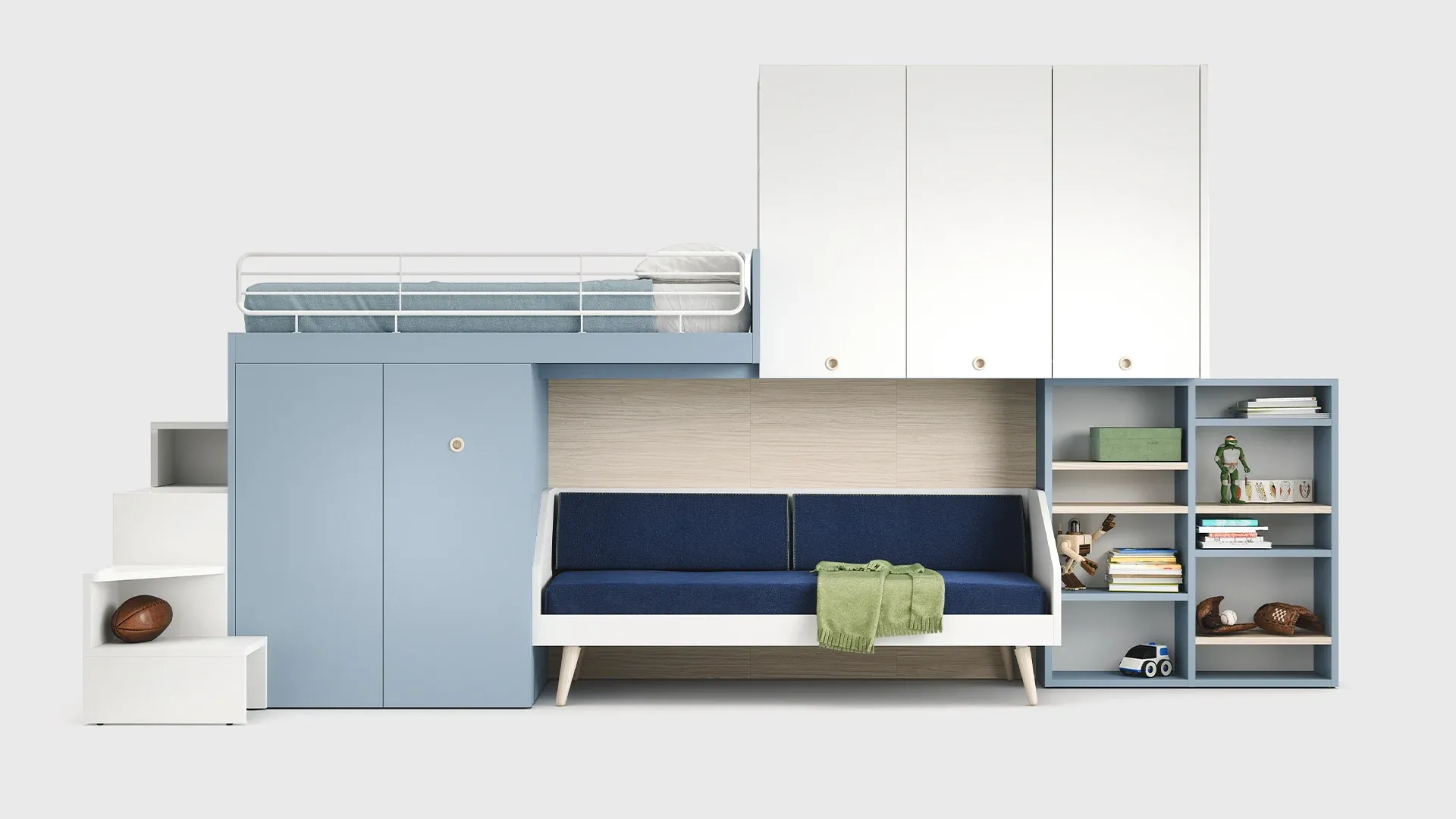 Letto a soppalco Nidi su divano blu con armadi e libreria scontornato