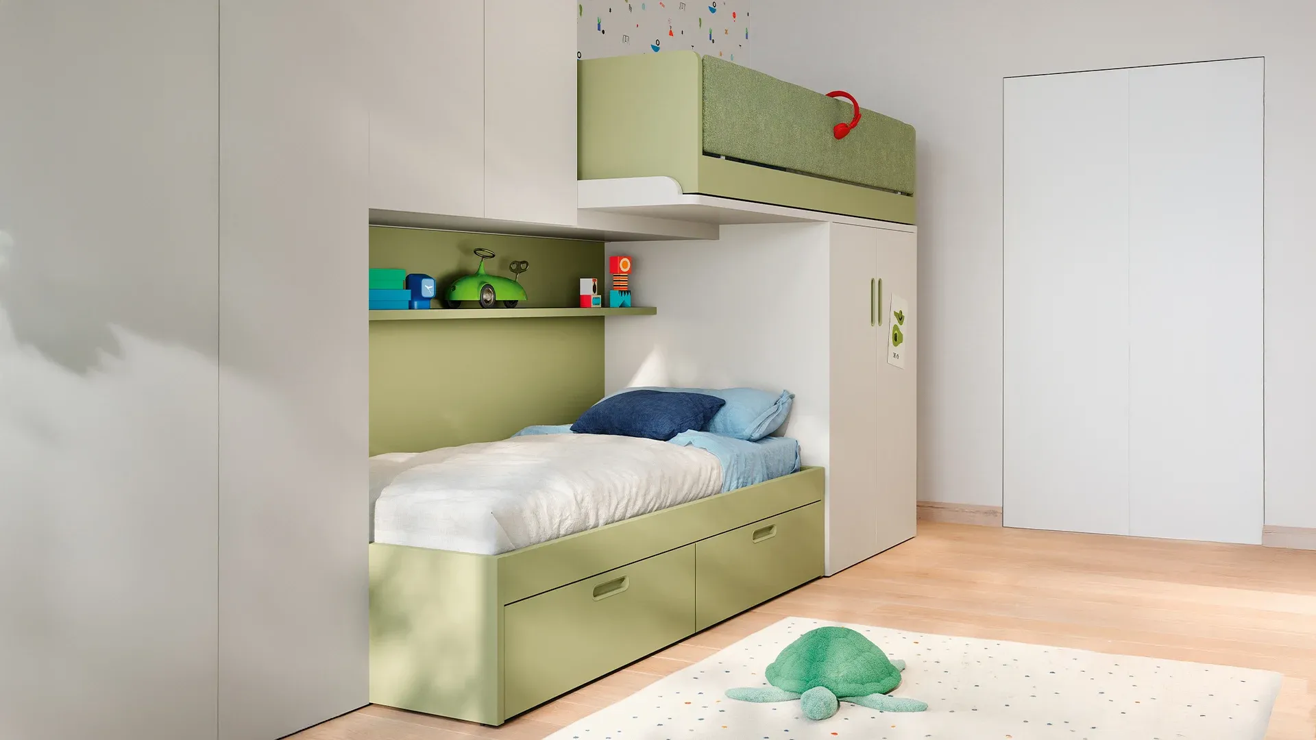 Letto a soppalco scorrevole Skid Nidi verde sopra letto con cassetti