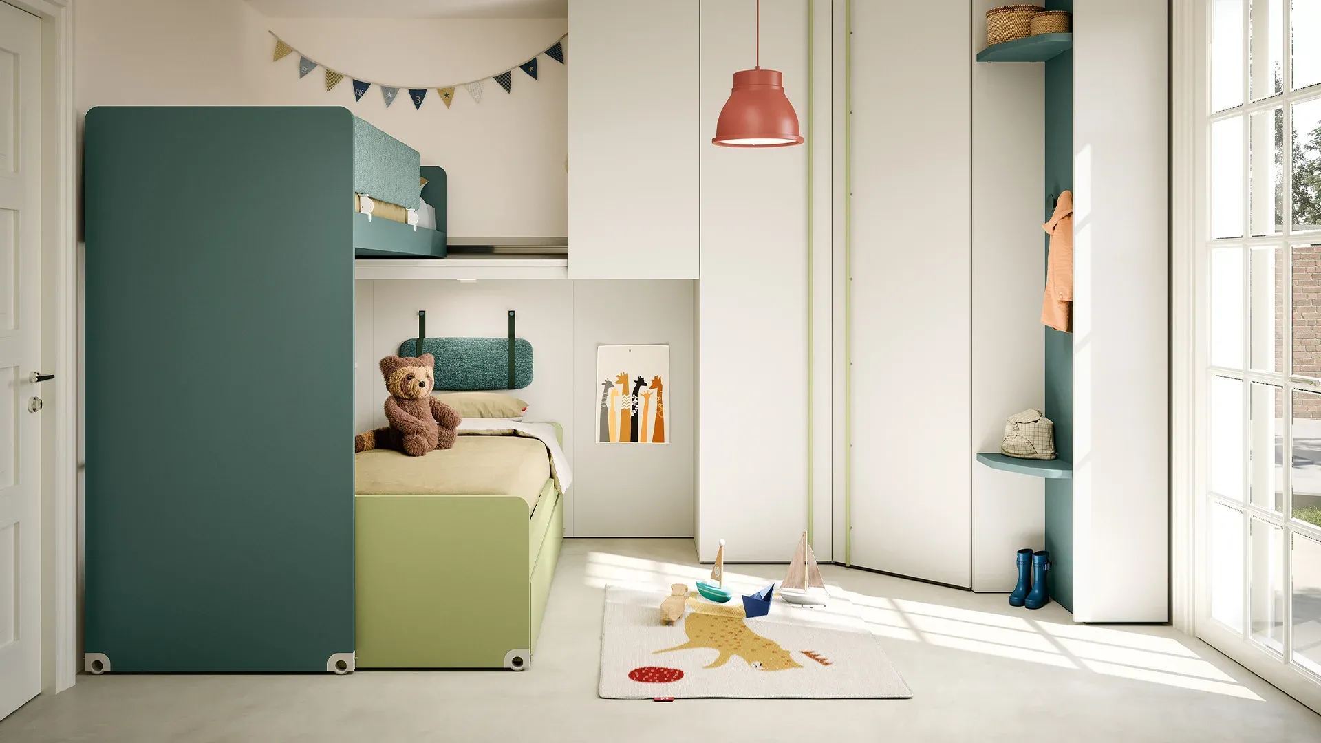 Letto a soppalco scorrevole Slide Nidi verde petrolio in una cameretta chiara