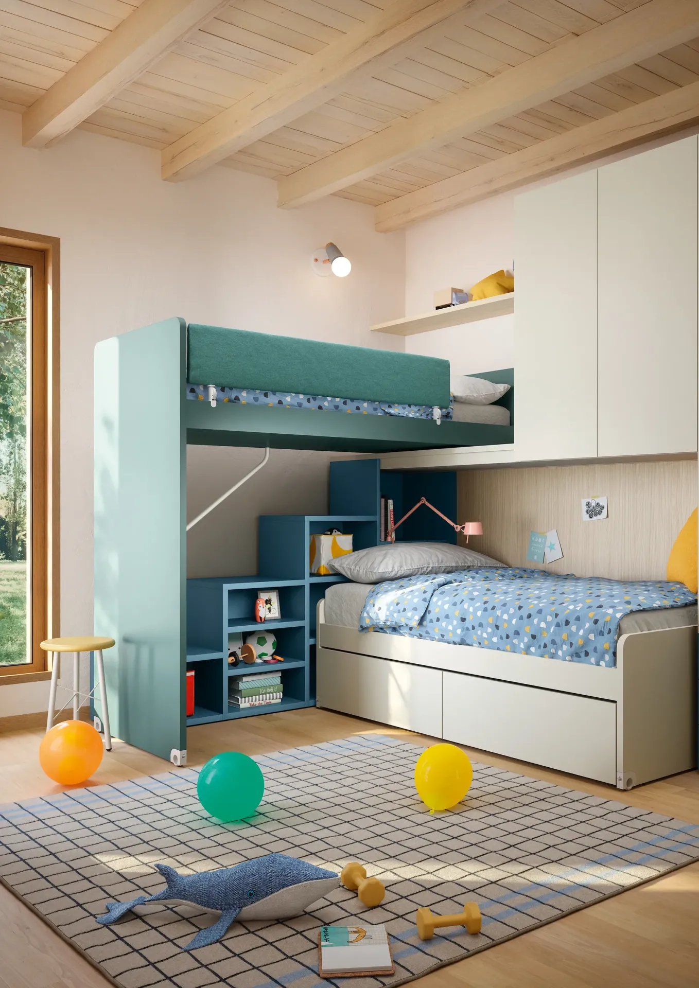 Soppalco ad angolo Slide Nidi con libreria e letto sotto, sotto un tetto in legno