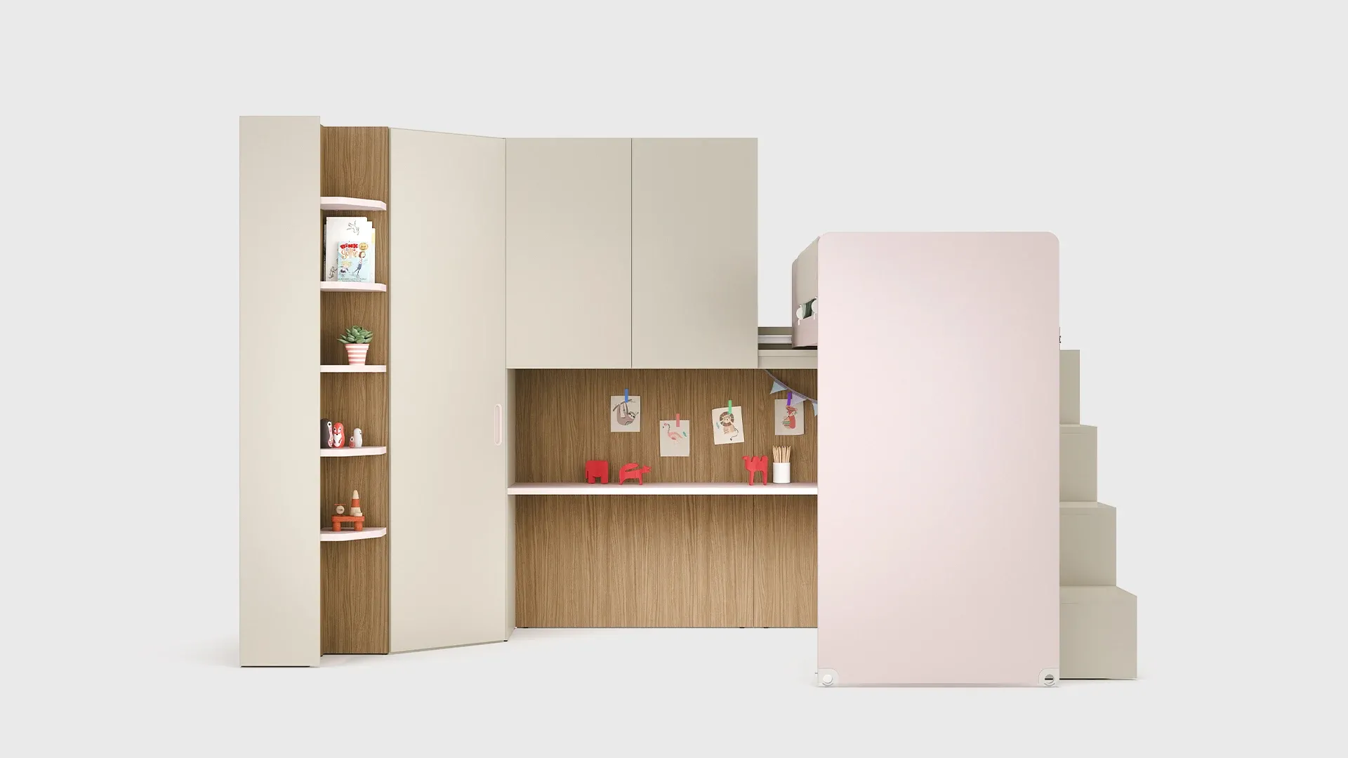 Soppalco Slide Nidi rosa con scrivania e libreria ad angolo scontornato