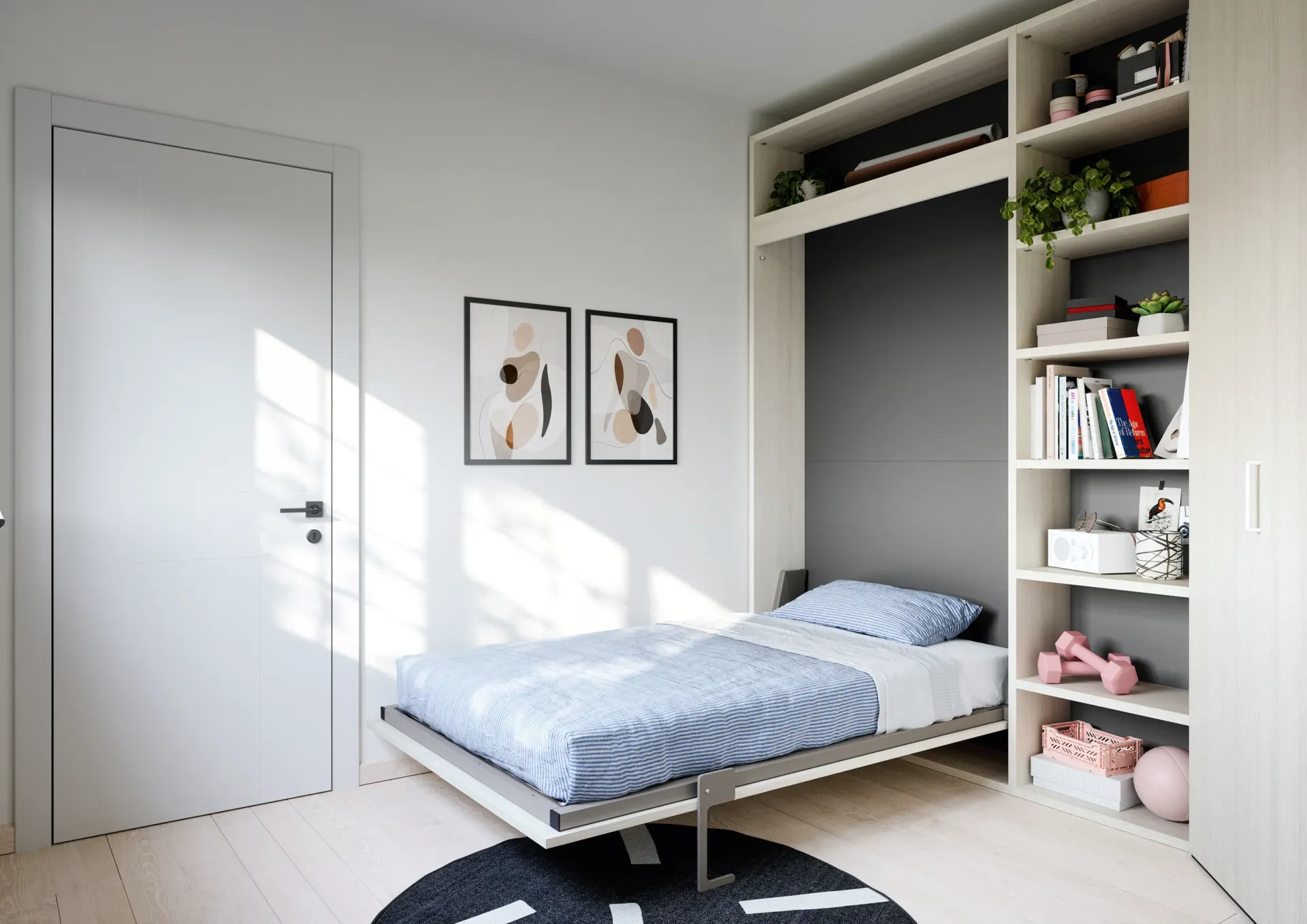 Letto a ribalta verticale Twiddy Nidi aperto accanto a una libreria