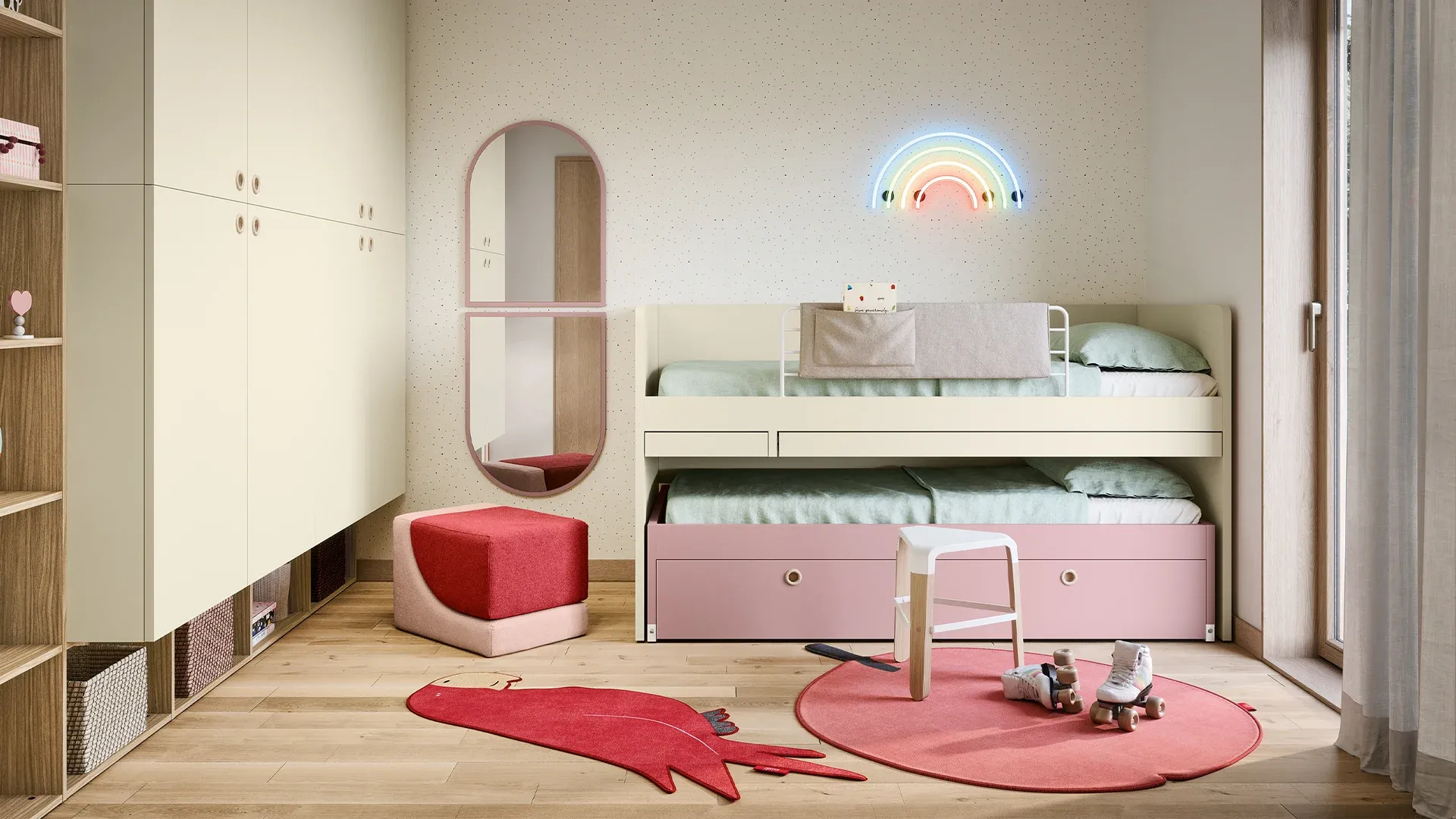 Letto rialzato Nidi rosa con letto estraibile e cassetti in cameretta
