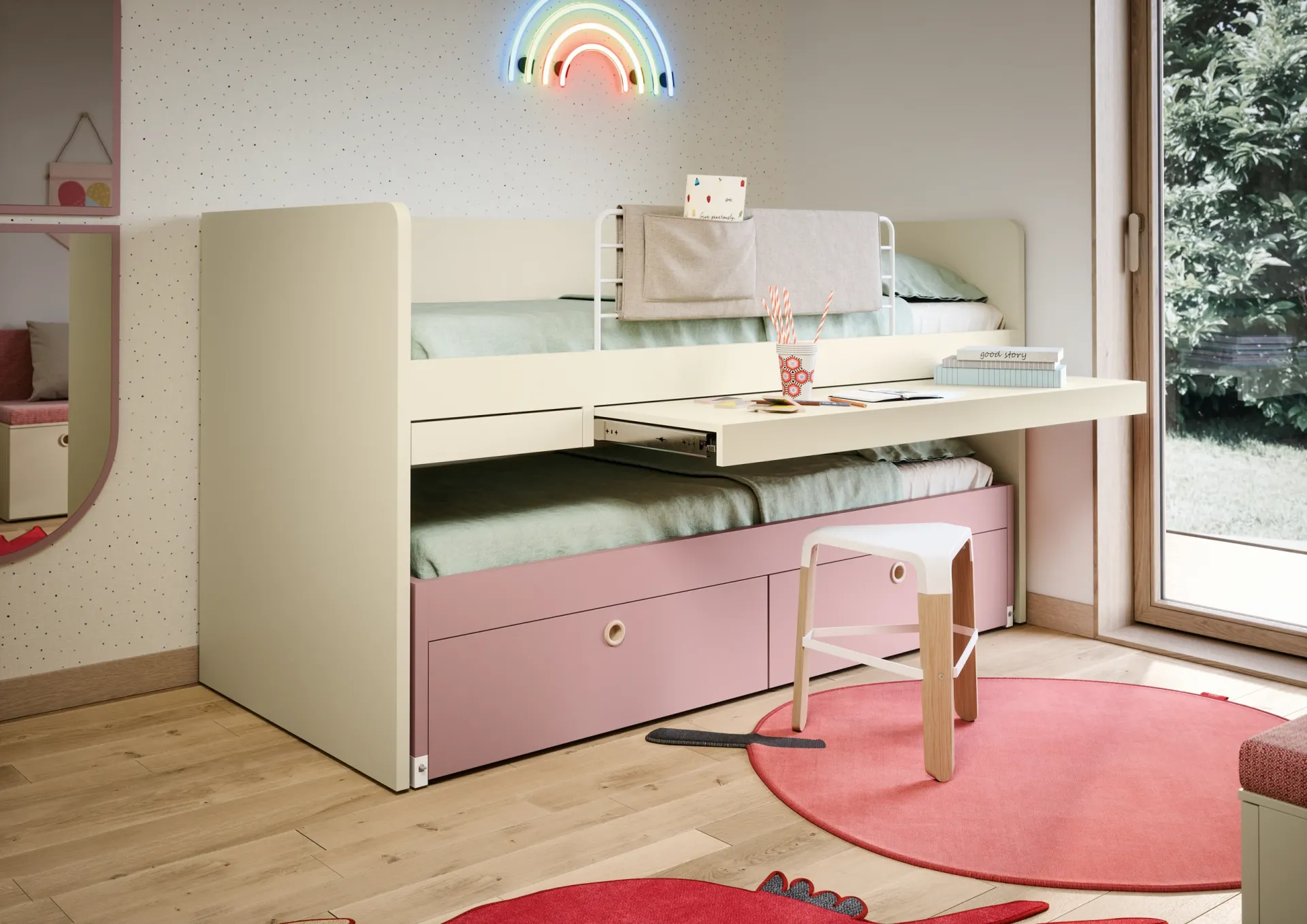 Letto rialzato Nidi con piano scrivania estraibile e cassettone rosa