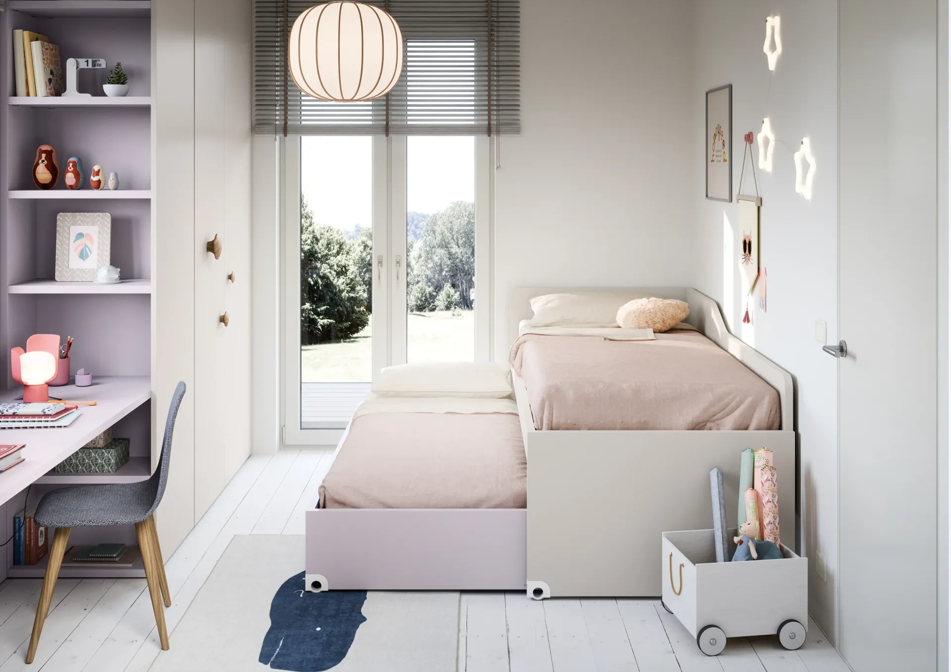 Letto rialzato Nidi lilla con cassetto e scrivania sotto la finestra