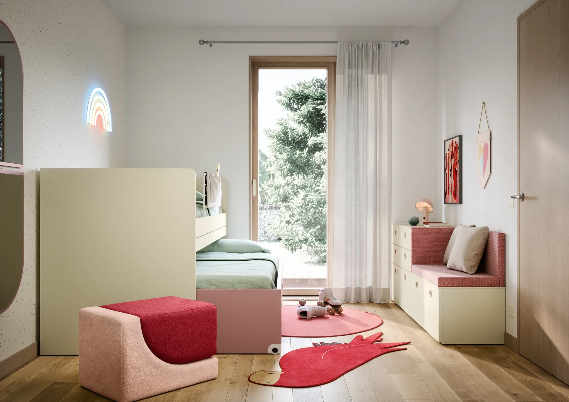 Letto rialzato Nidi verde salvia con spondina e pouf rosa
