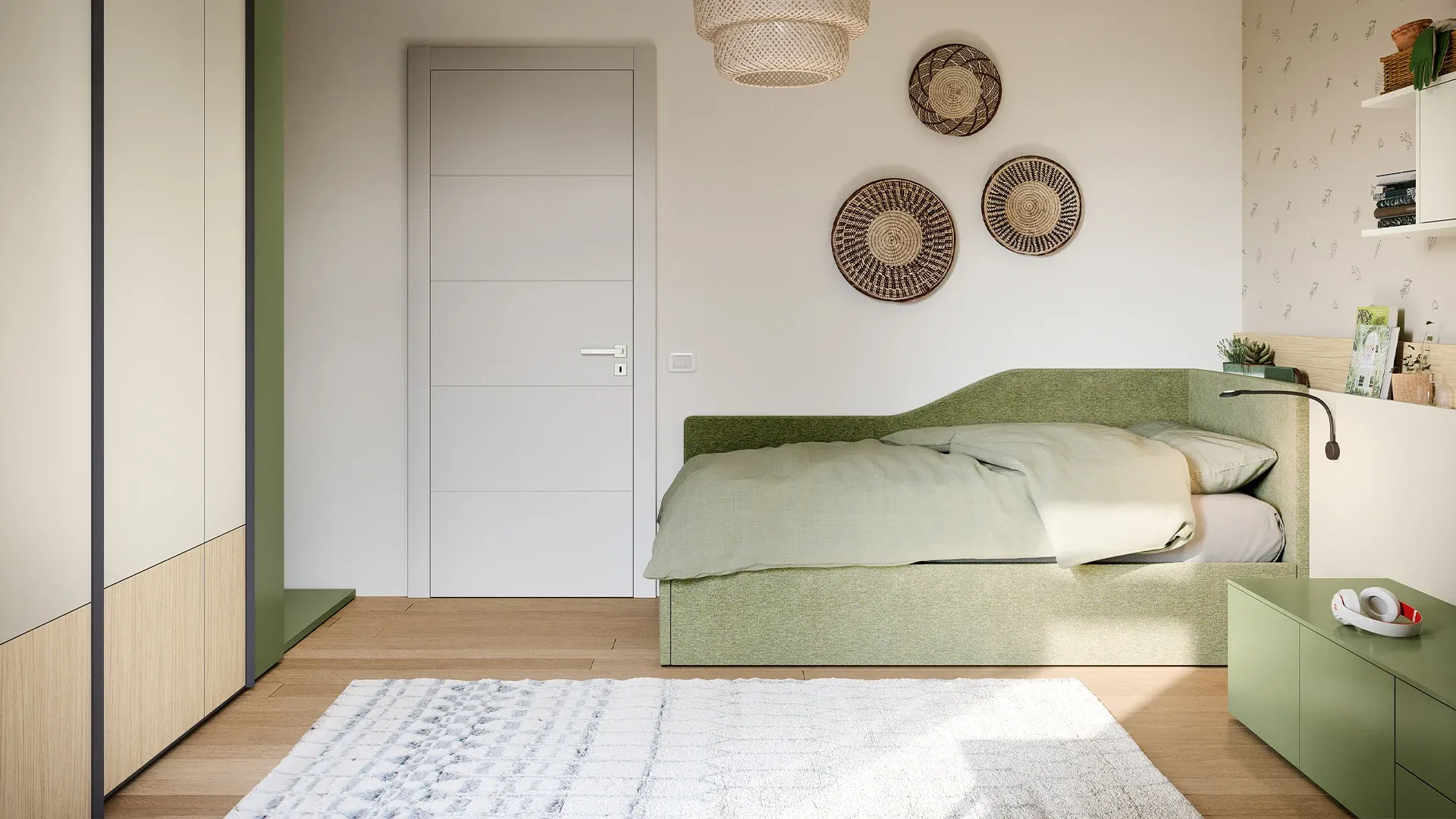 Letto a divano Nidi imbottito verde salvia in una cameretta