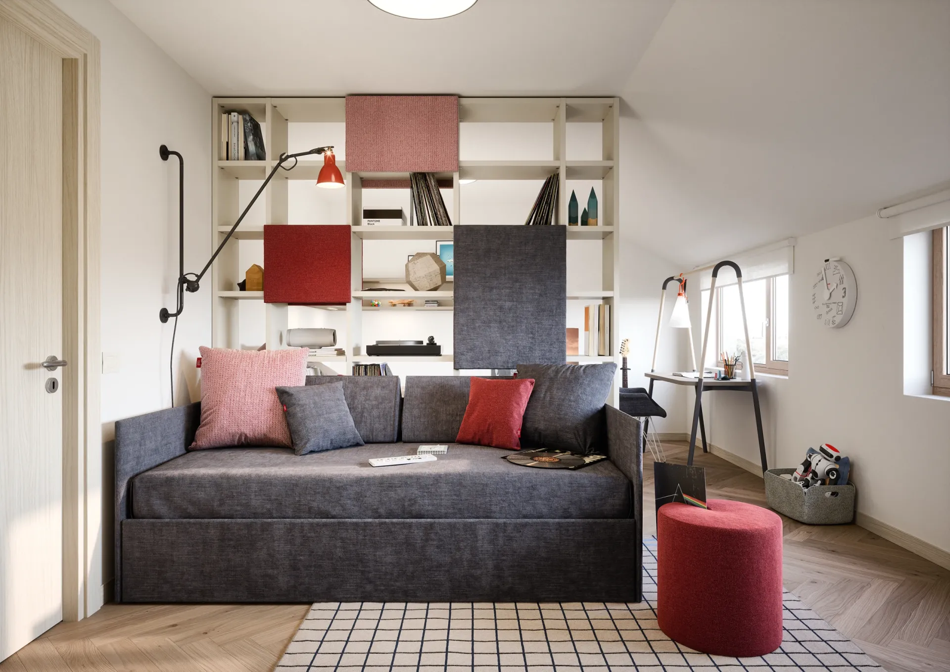 Letto a divano Nidi grigio antracite con cuscini e libreria