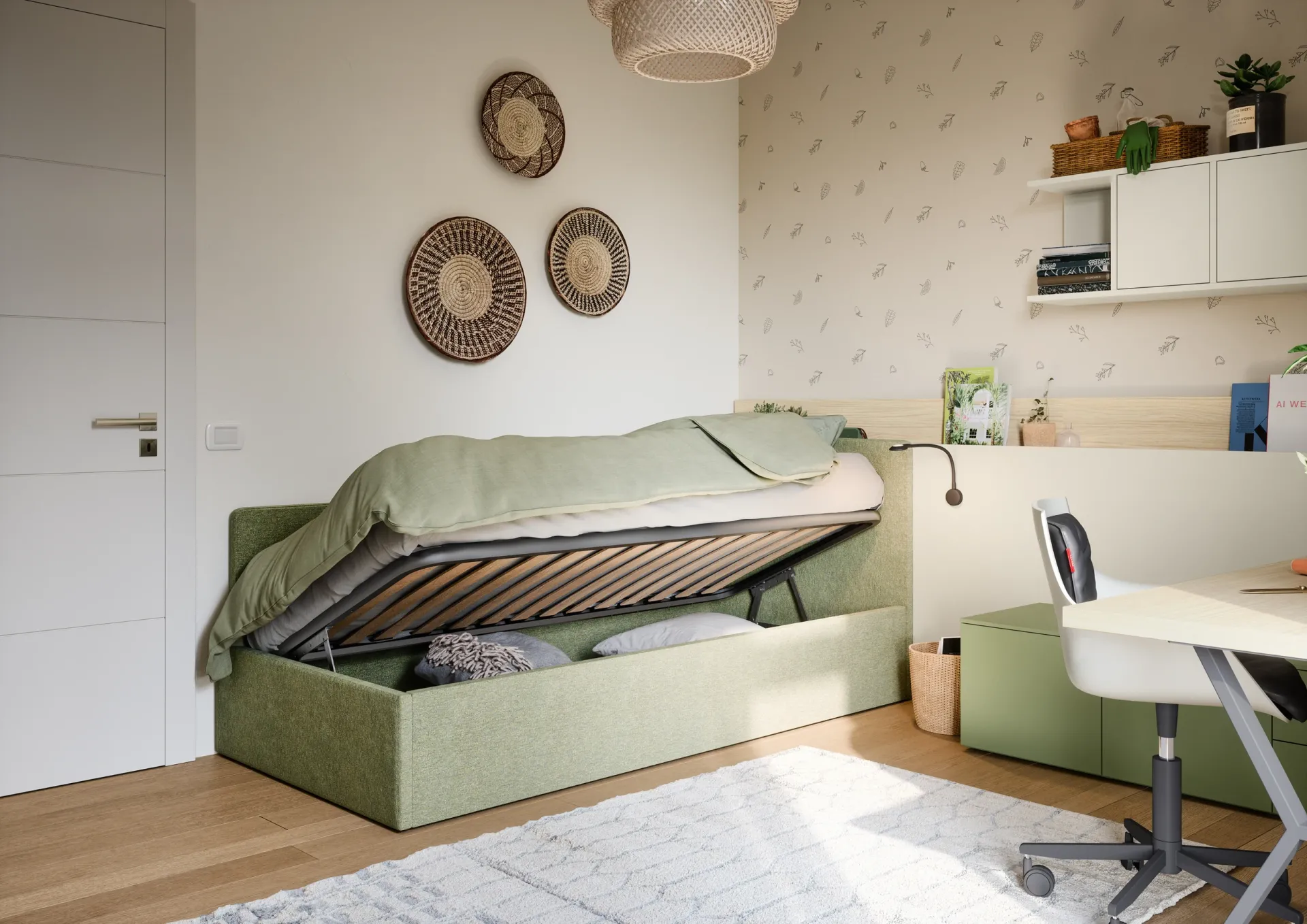 Letto a divano Nidi verde con rete alzante laterale aperta sul contenitore