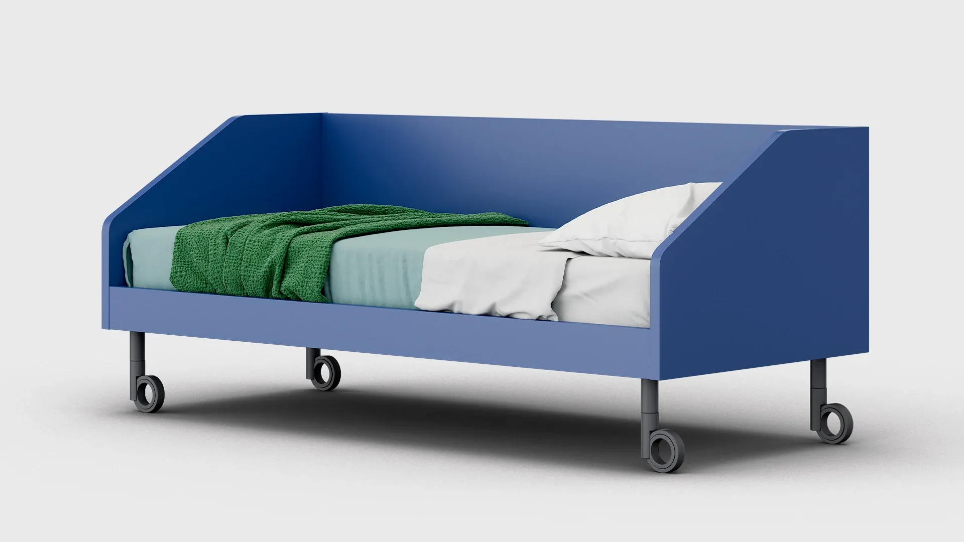 Bug Nidi blu senza cuscini, aperto a letto, su ruote Will