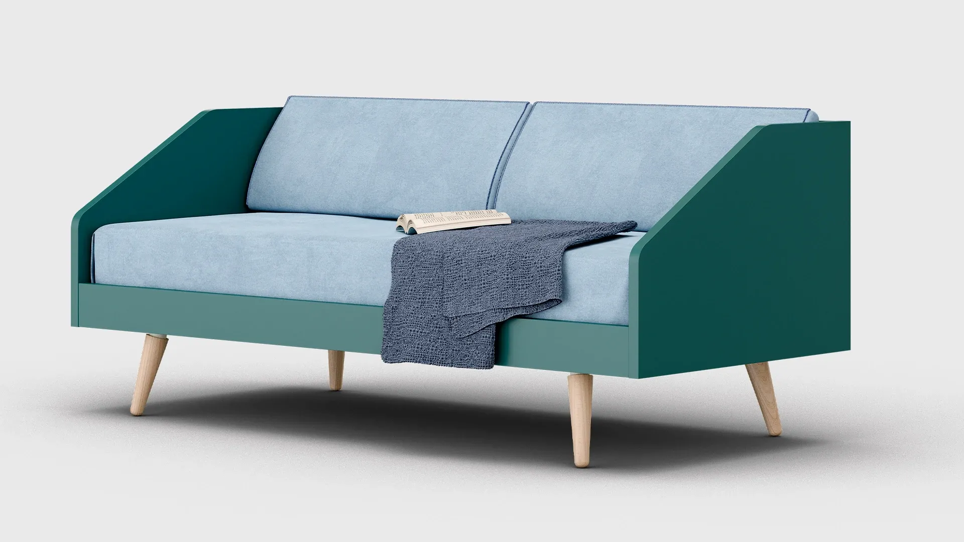 Divano letto Bug Nidi verde petrolio con cuscini azzurri