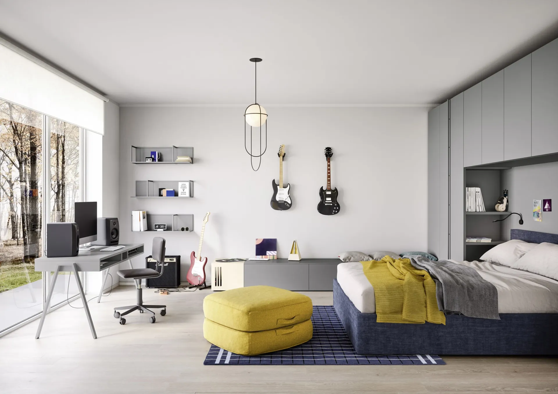 Letto Arial Nidi in una stanza ampia con zona studio e chitarre