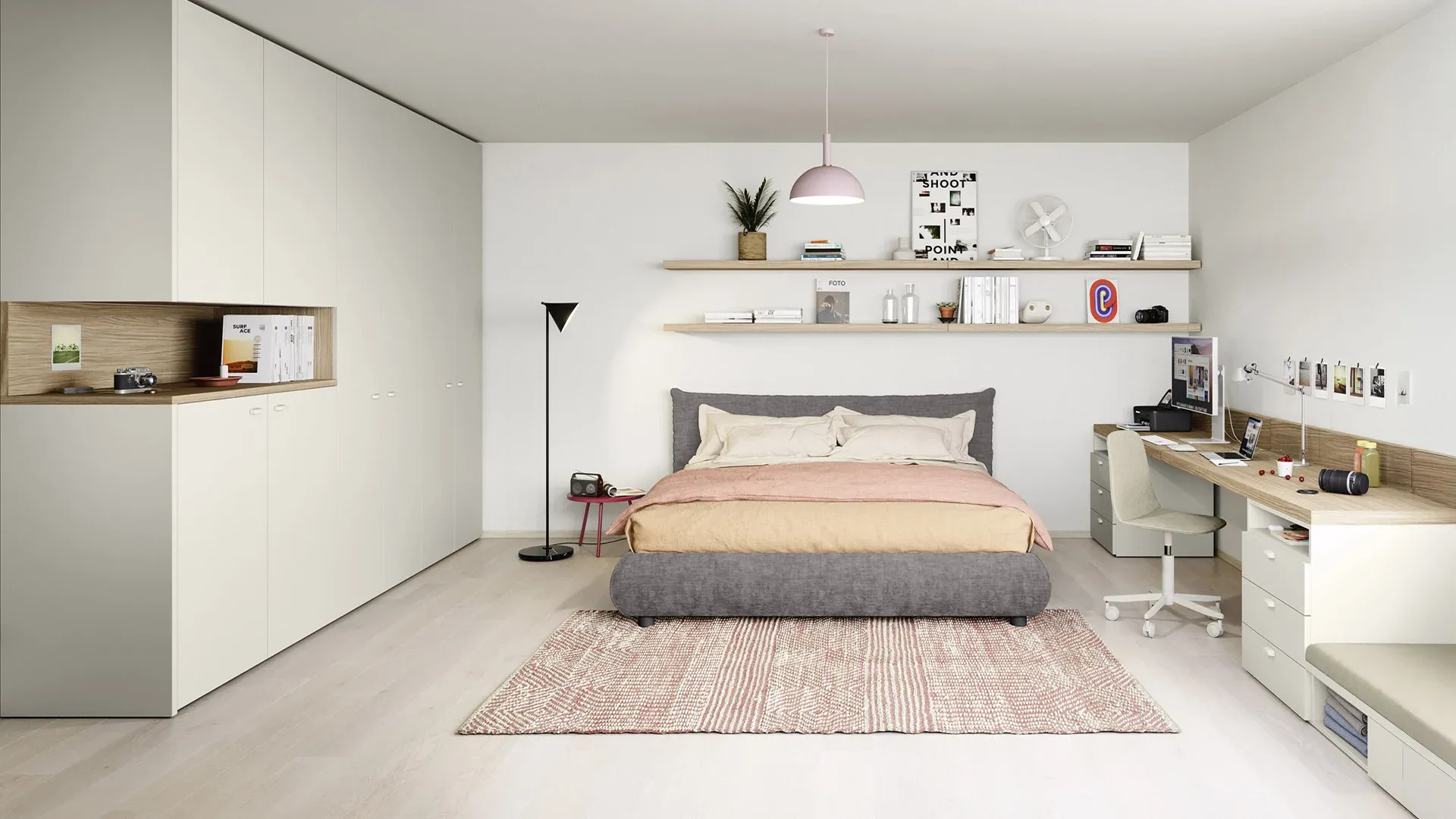 Letto matrimoniale Roller Nidi grigio in camera con scrivania e mensole