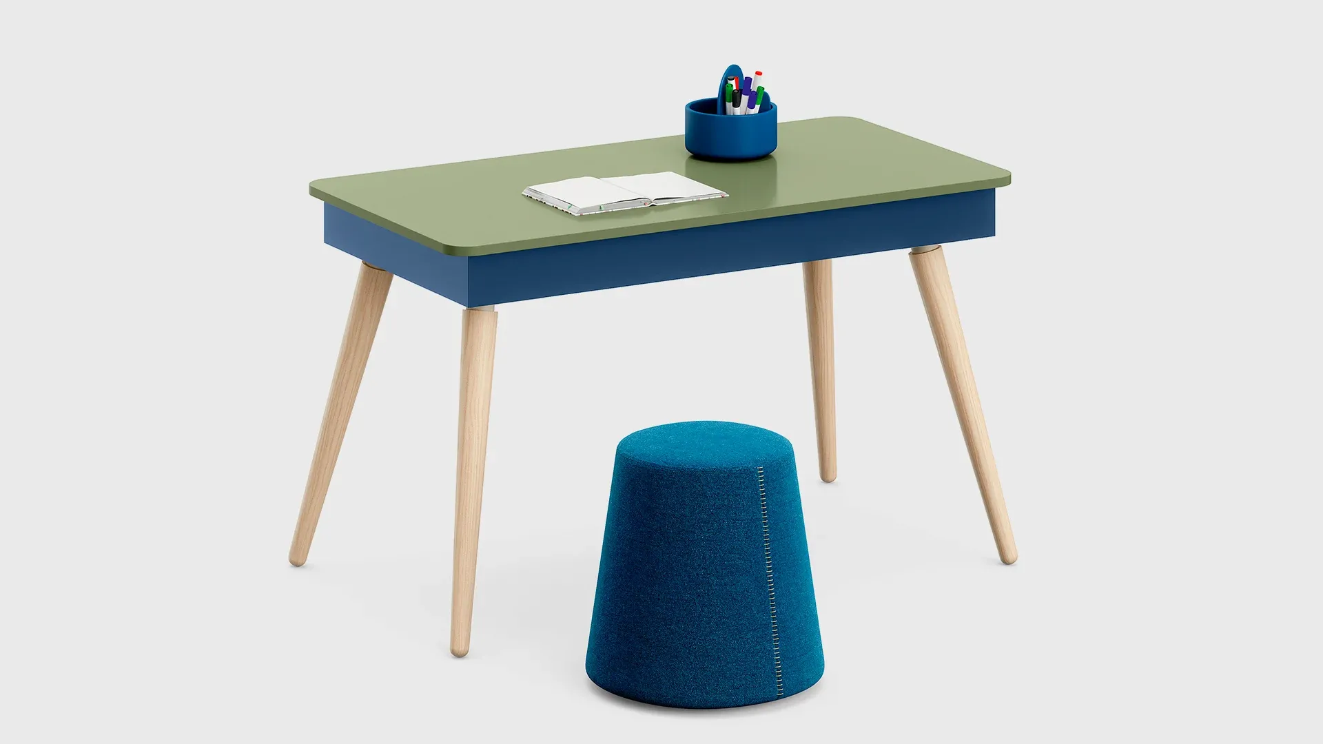 Scrivania Secret Nidi verde e blu con gambe in legno scontornata