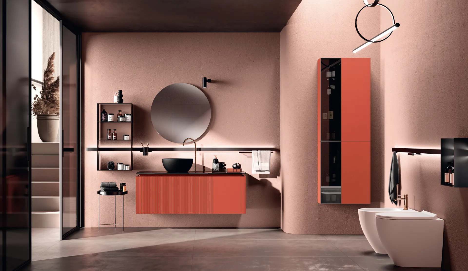 Bagno Lido Scavolini con base sospesa dogata Rosso Marocco, colonna coordinata e specchio tondo