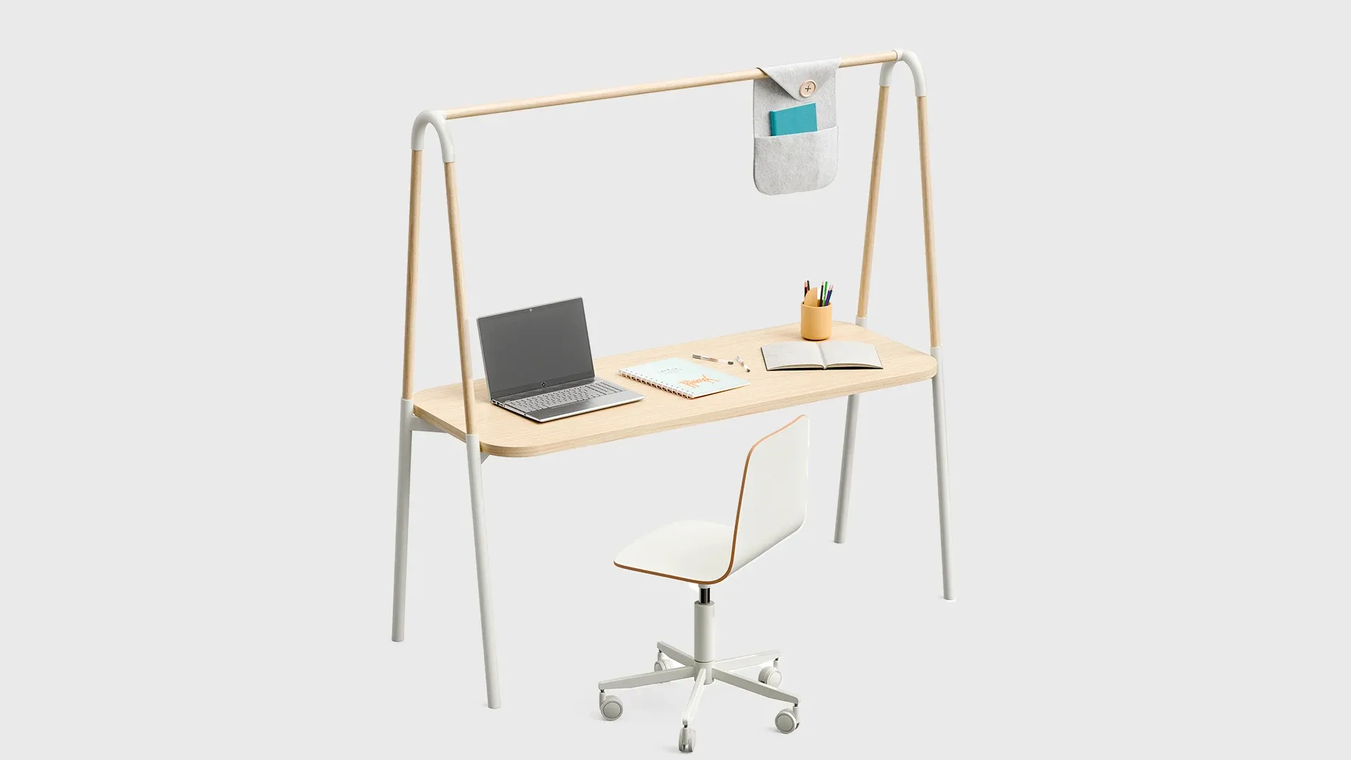 Scrivania Loop Nidi con piano in legno e pali bianchi scontornata