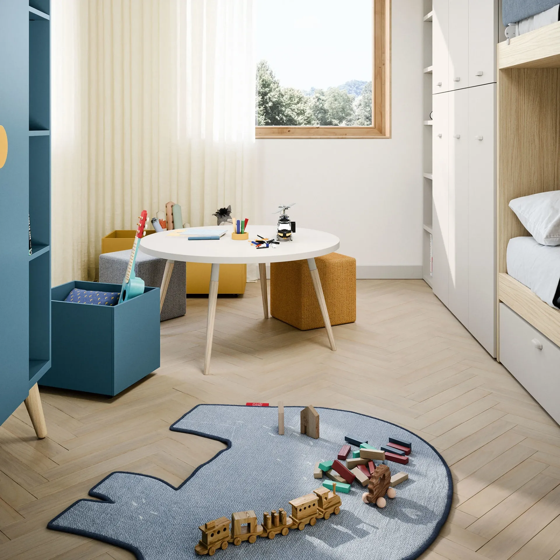 Scrivania rotonda Woody Nidi bassa con pouf e tappeto a forma di strada