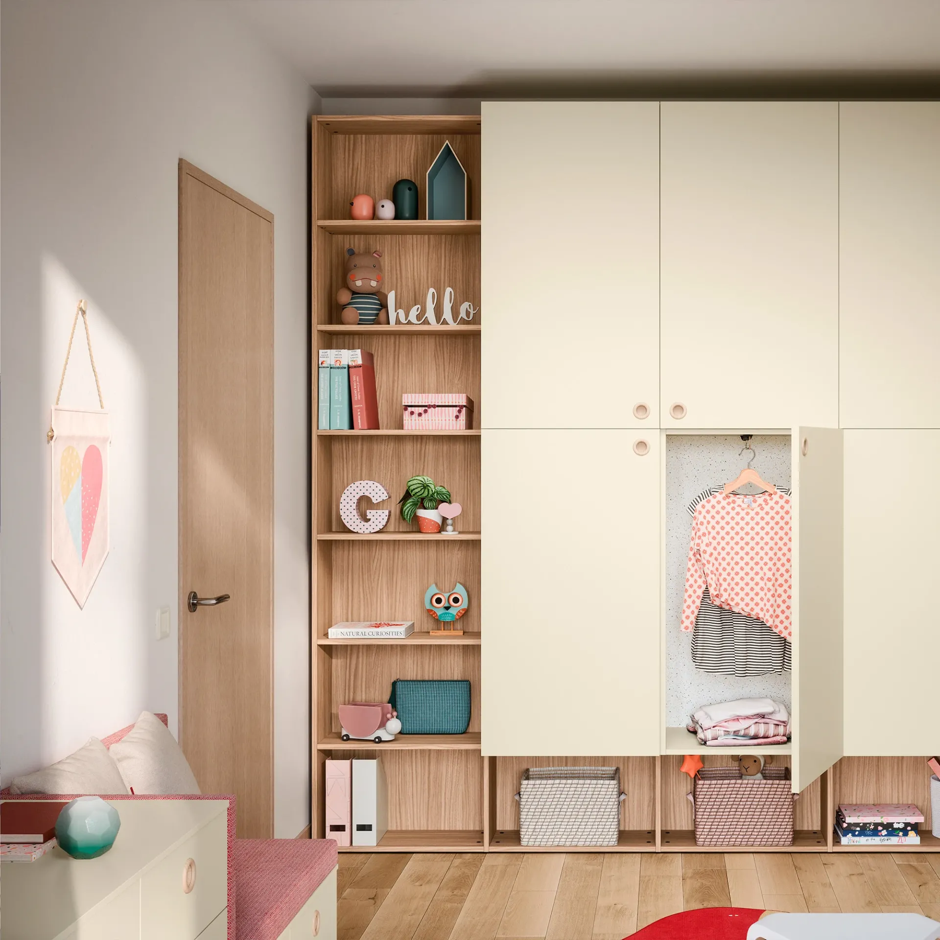 Libreria Luce Nidi in legno chiaro con armadio e vani aperti