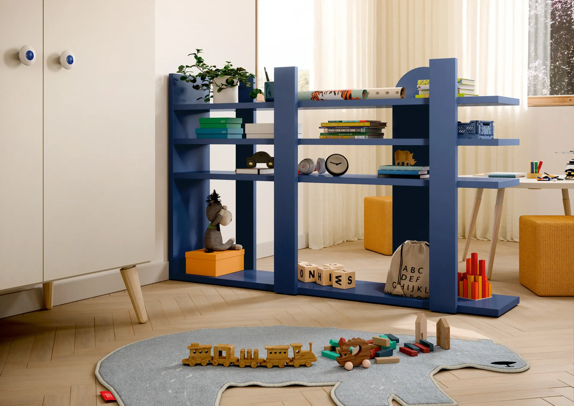 Libreria Surfy Nidi blu orizzontale con giochi e tappeto